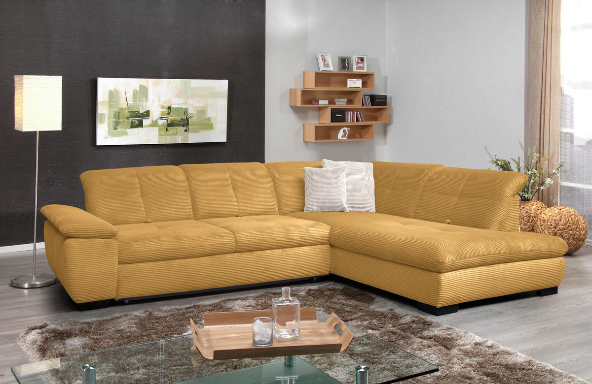 ECKSOFA in Cord Currygelb  - Currygelb/Schwarz, Design, Textil/Metall (313/242cm) - Xora