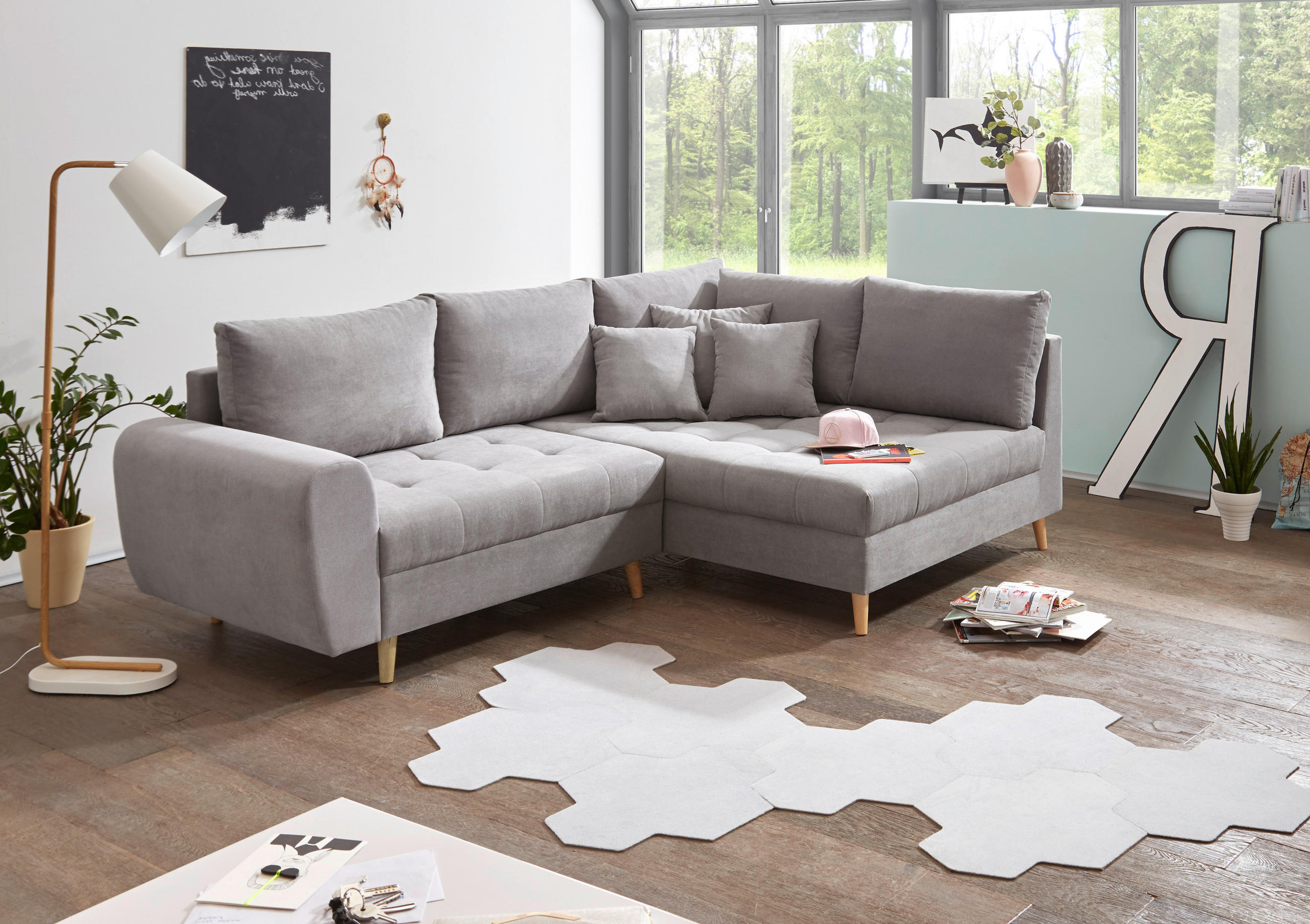 ECKSOFA Hellgrau Mikrovelours - Hellgrau/Kieferfarben, KONVENTIONELL, Holz/Textil (249/175cm) - MID.YOU