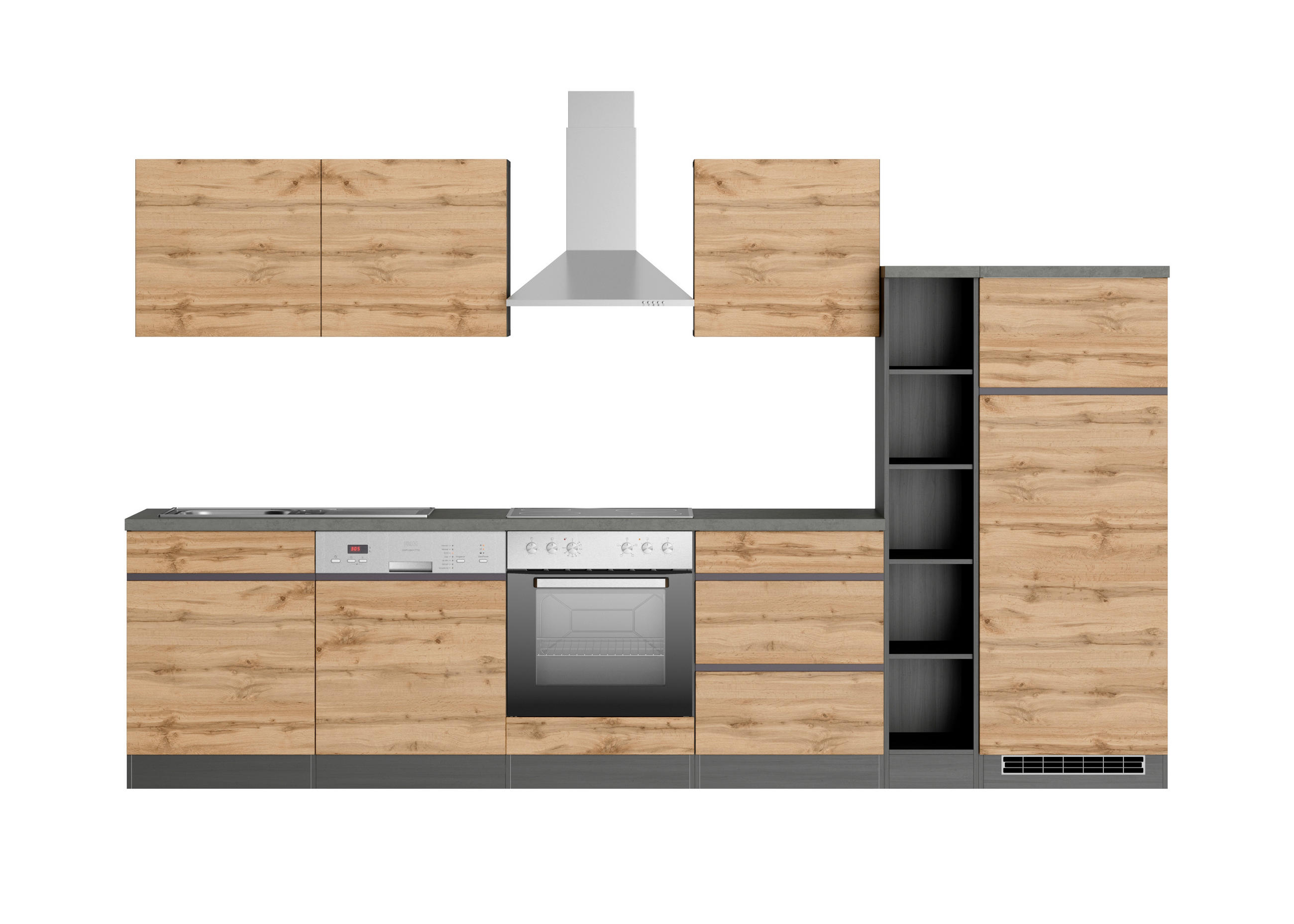 KÜCHENBLOCK 330 cm   in Graphitfarben, Eiche Wotan  - Eiche Wotan/Graphitfarben, Design, Holzwerkstoff (330cm) - Held