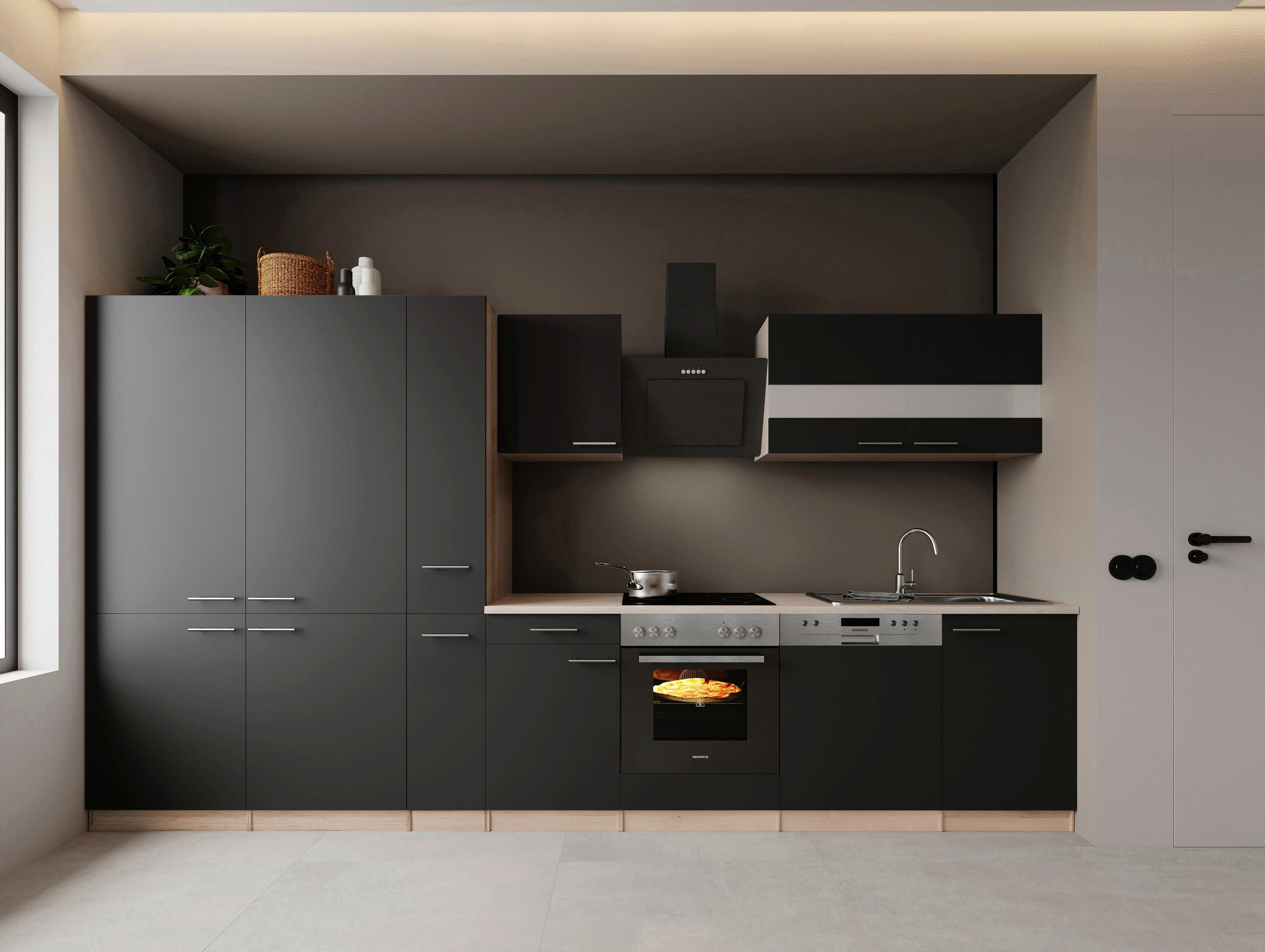 Bucătărie Standard  - culoare inox/culoare lemn stejar, Trend, metal/material pe bază de lemn (370cm) - Respekta