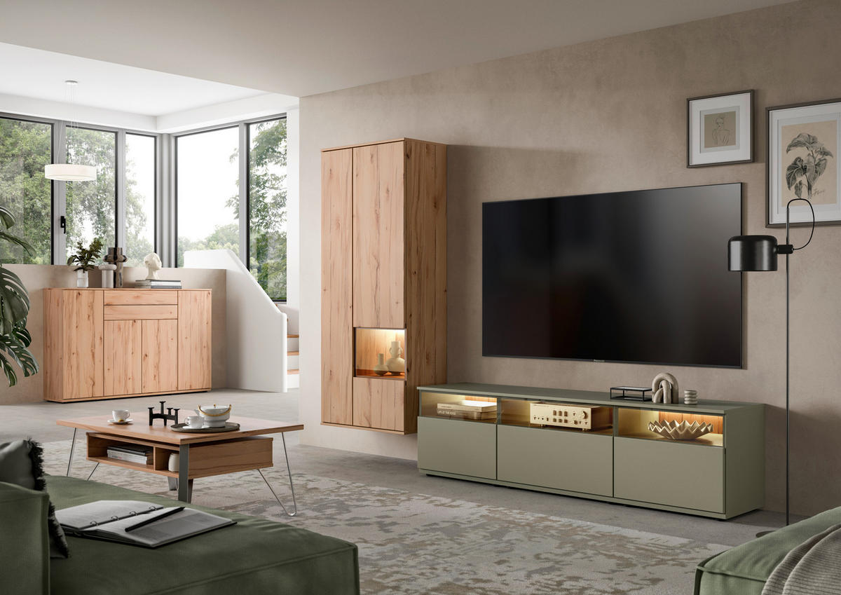 WOHNWAND  in Buchefarben, Schilfgrün  285/215/45 cm  - Schilfgrün/Buchefarben, KONVENTIONELL, Glas/Holzwerkstoff (285/215/45cm) - Venda