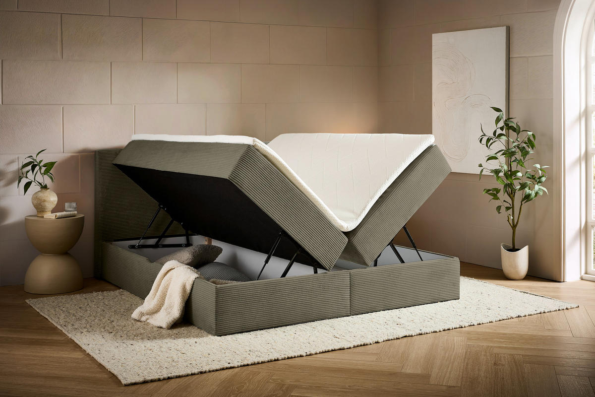 BOXBETT 180/200 cm,  in Waldgrün, Kissen, Bettkasten, Topper, H3 + H3 = fest  - Waldgrün/Schwarz, Design, Kunststoff/Textil (180/200cm) - Chameo