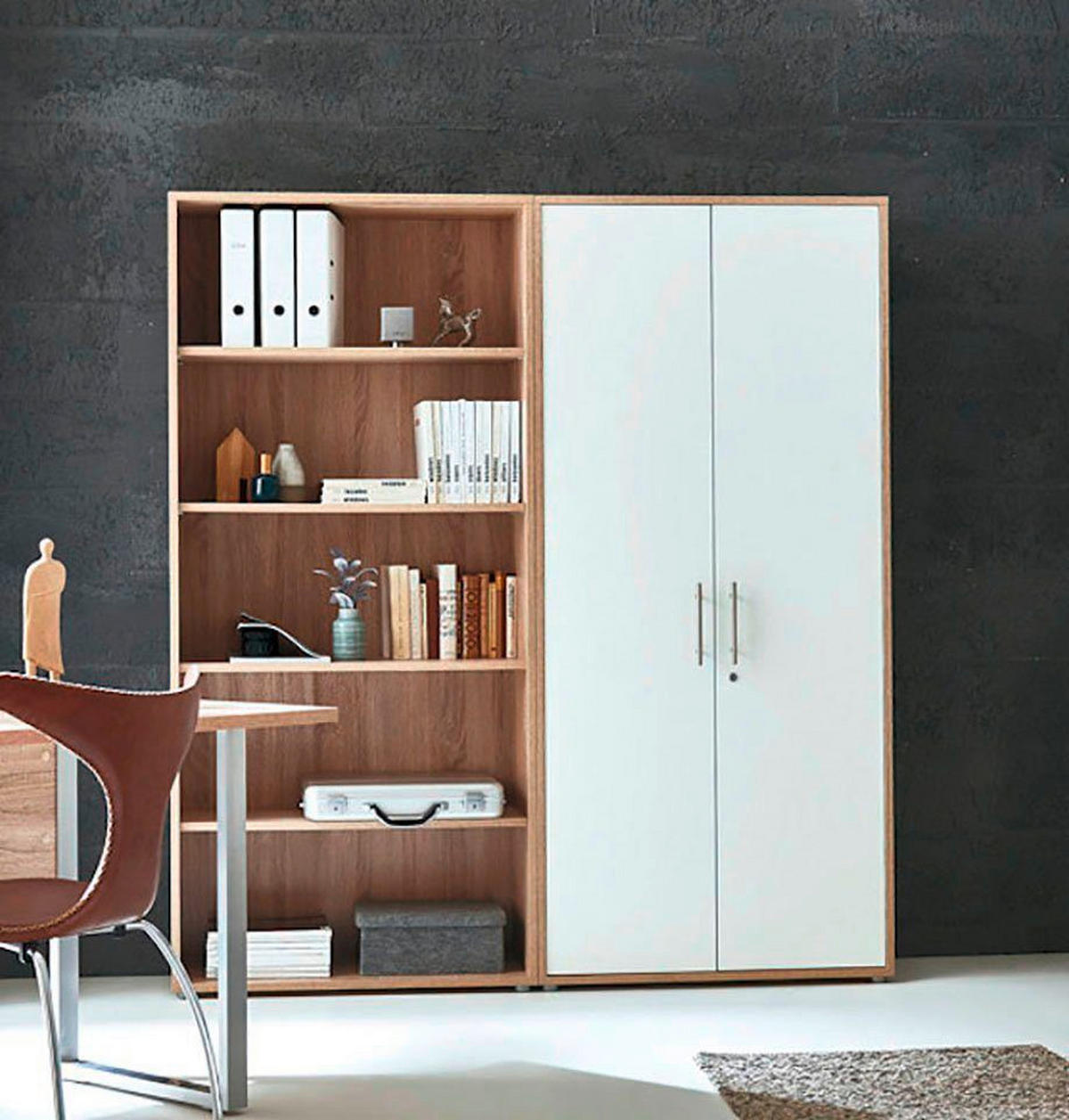 BÜRO erweiterbar, in verschiedenen Holz-Dekoren erhältlich, Schreibtisch seitenverkehrt montierbar, abschließbar Sonoma Eiche, Weiß - Weiß/Sonoma Eiche, MODERN, Holzwerkstoff - MID.YOU