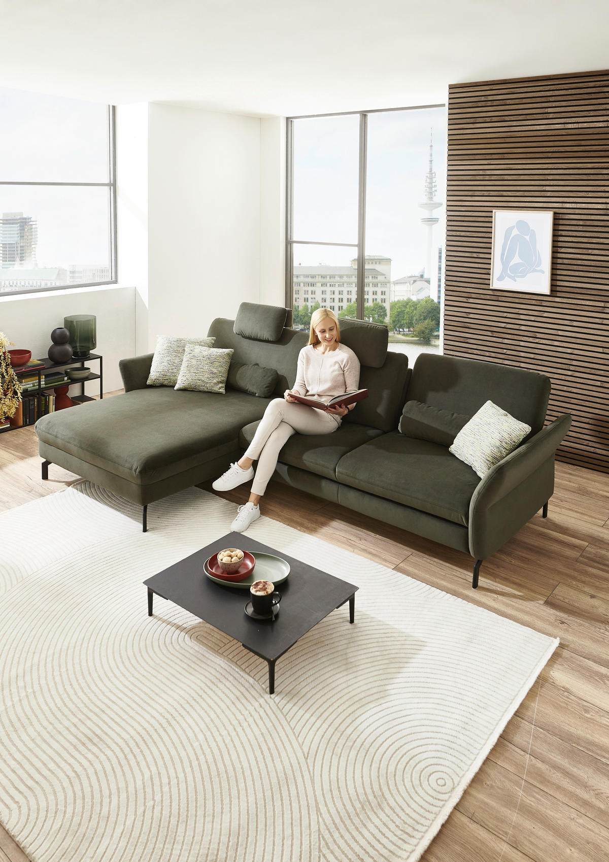 ECKSOFA in Velours Olivgrün  - Schwarz/Olivgrün, Design, Textil/Metall (179/306cm) - Beldomo System