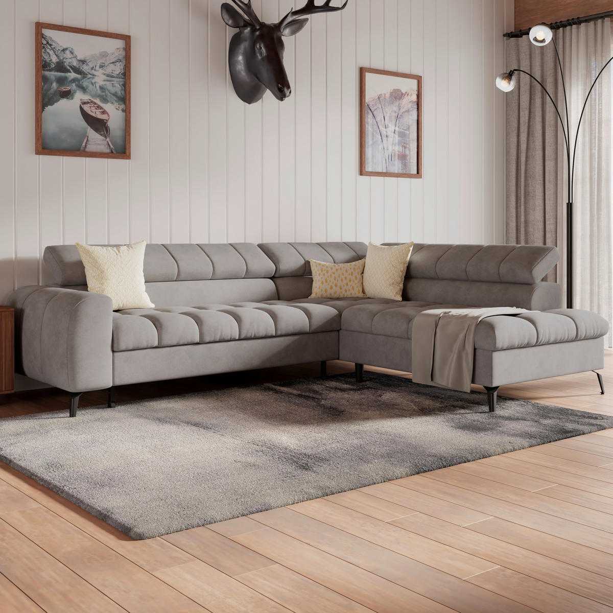 ECKSOFA Graublau Bettkasten, Rücken echt, Kopfteilverstellung  - Graublau/Schwarz, Trend, Kunststoff/Textil (261/203cm) - Livetastic