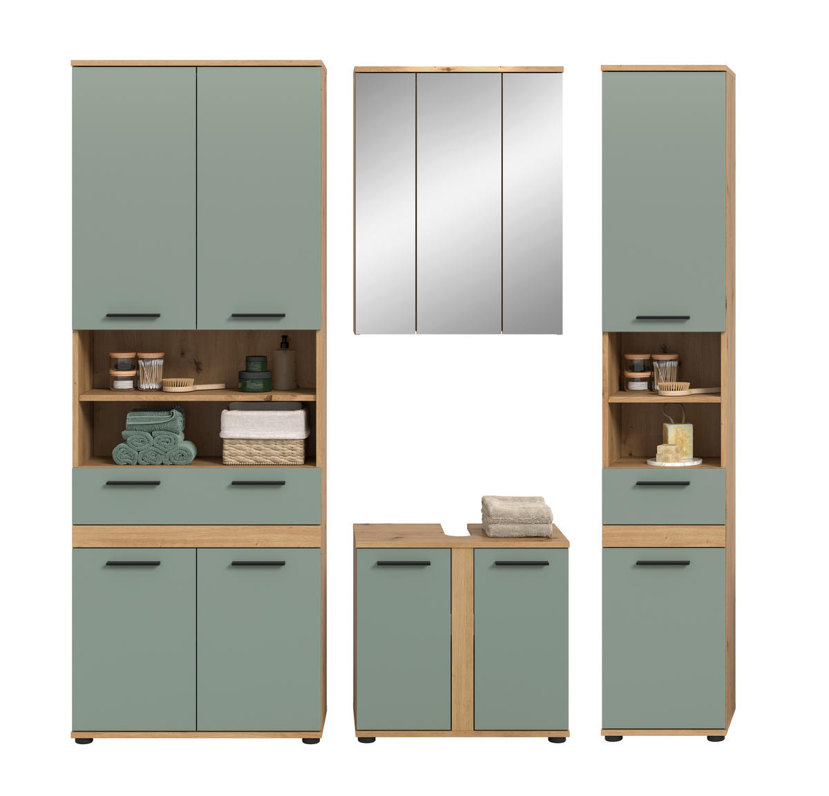 BADEZIMMER 4-teilig  in 195 cm  - Salbeigrün/Schwarz, Trend, Glas/Holzwerkstoff (195cm) - MID.YOU