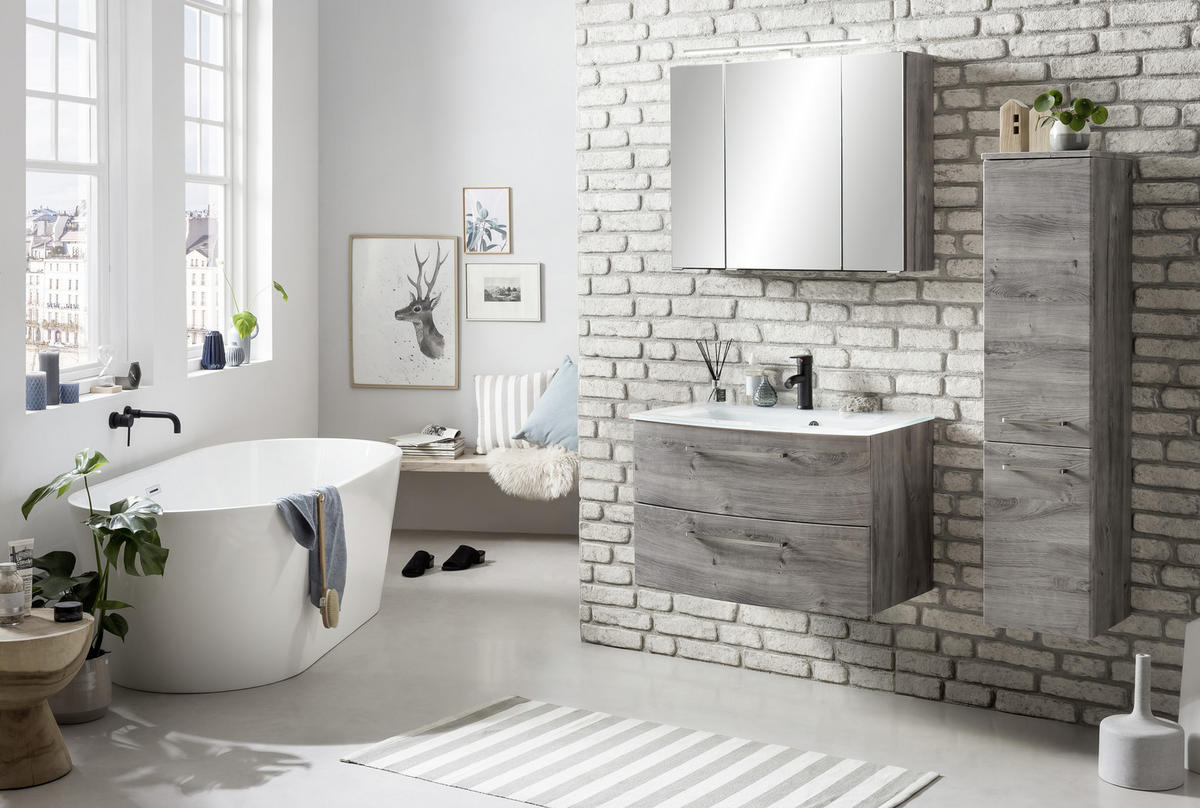 WASCHTISCHKOMBI 80 cm  - Weiss/Eichefarben, Konventionell, Glas/Holzwerkstoff (80cm) - Held
