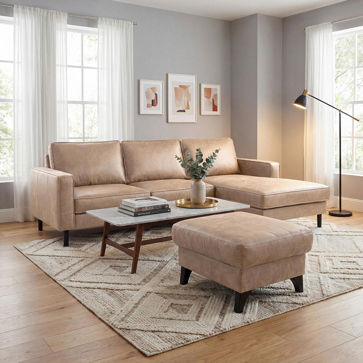 ECKSOFA Sandfarben Echtleder Lederlook Bettkasten, Schlaffunktion, Rücken echt  - Sandfarben/Schwarz, Design, Leder/Textil (166/238cm) - Livetastic
