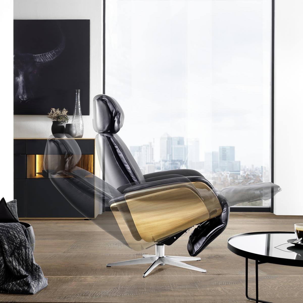 RELAXAČNÍ KŘESLO, kůže, černá - barvy dubu/barvy stříbra, Design, kov/dřevo (82/110-119/87cm) - Welnova