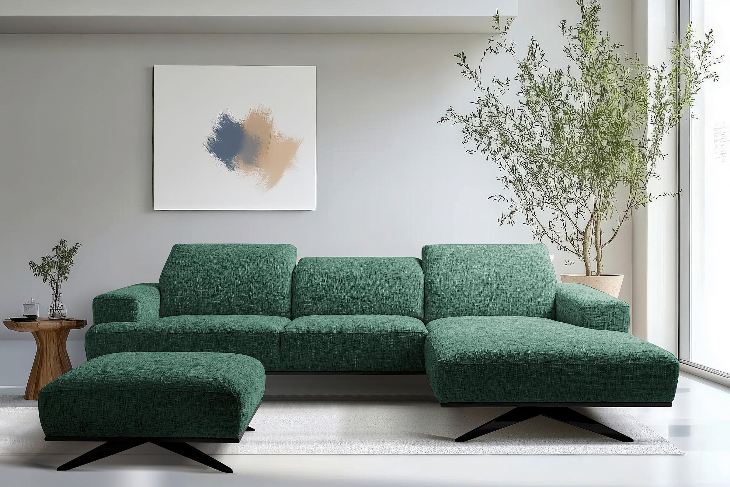 ECKSOFA PORTLAND in Struktur Grün Kopfteilverstellung  295/187 cm  - Schwarz/Grün, Design, Holz/Textil (295/187cm) - Livetastic