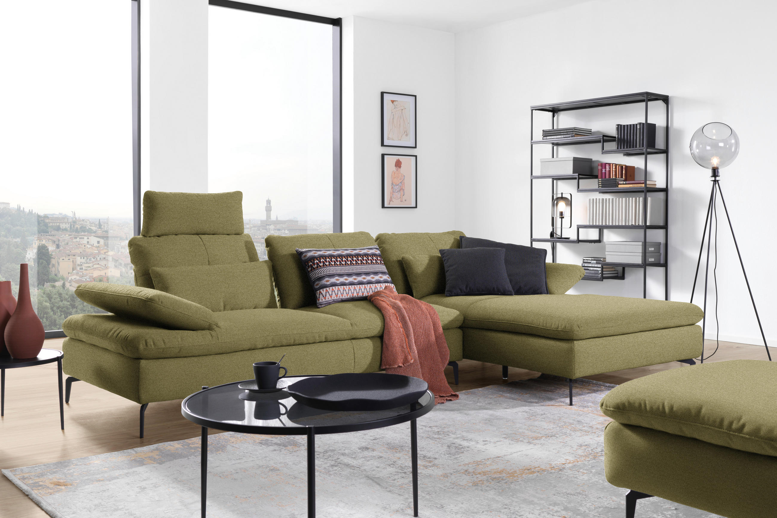 ECKSOFA in Webstoff Olivgrün  301/179 cm  - Schwarz/Olivgrün, Design, Textil/Metall (301/179cm) - Chilliano