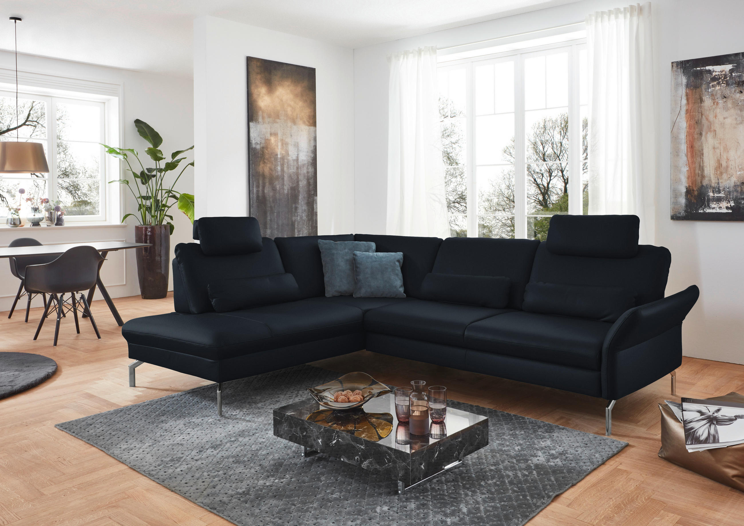 ECKSOFA in Echtleder Dunkelblau  - Alufarben/Dunkelblau, Konventionell, Leder/Metall (220/284cm) - Beldomo Premium