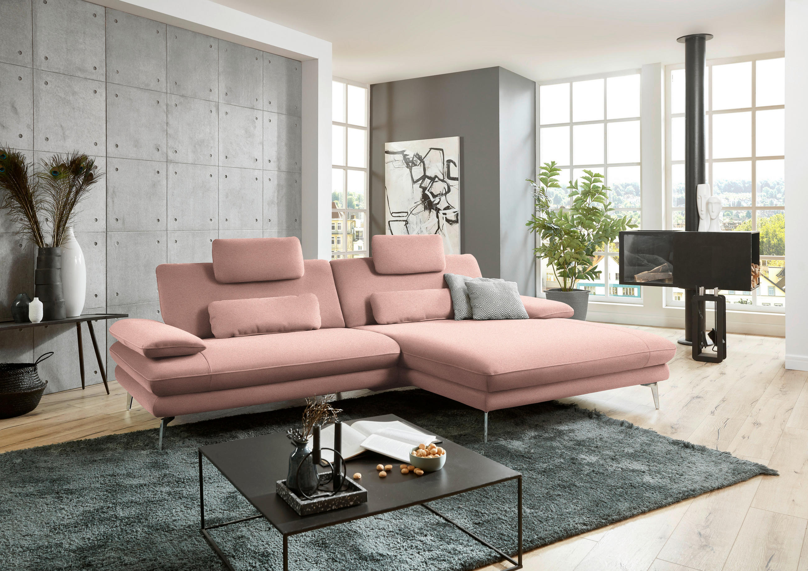 ECKSOFA in Webstoff Rosa  - Schwarz/Rosa, Design, Textil/Metall (284/184cm) - Dieter Knoll