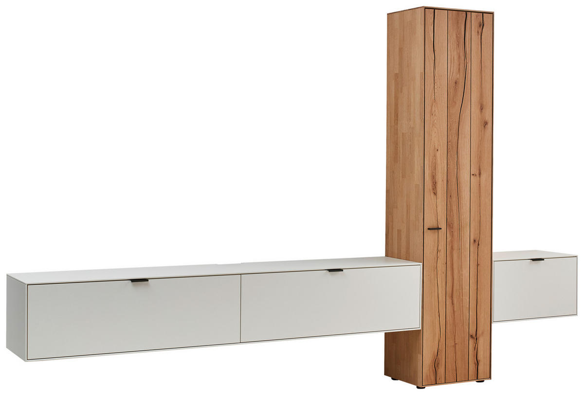 WOHNWAND 3-teilig  in Weiß, Eichefarben  320,7/205,5/37,1 cm   - Eichefarben/Weiß, Design, Glas/Holz (320,7/205,5/37,1cm) - Dieter Knoll