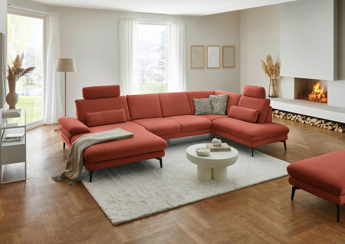 WOHNLANDSCHAFT Chenille, Flachgewebe Terracotta  - Terracotta/Schwarz, Design, Textil/Metall (180/344/208cm) - Dieter Knoll