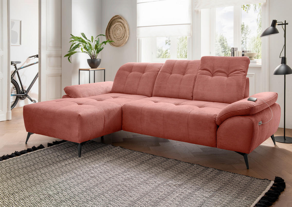 ECKSOFA FIORE Koralle Cord Kopfteilverstellung, Sitzvorzug  - Koralle/Schwarz, MODERN, Textil/Metall (180/280cm) - Livetastic