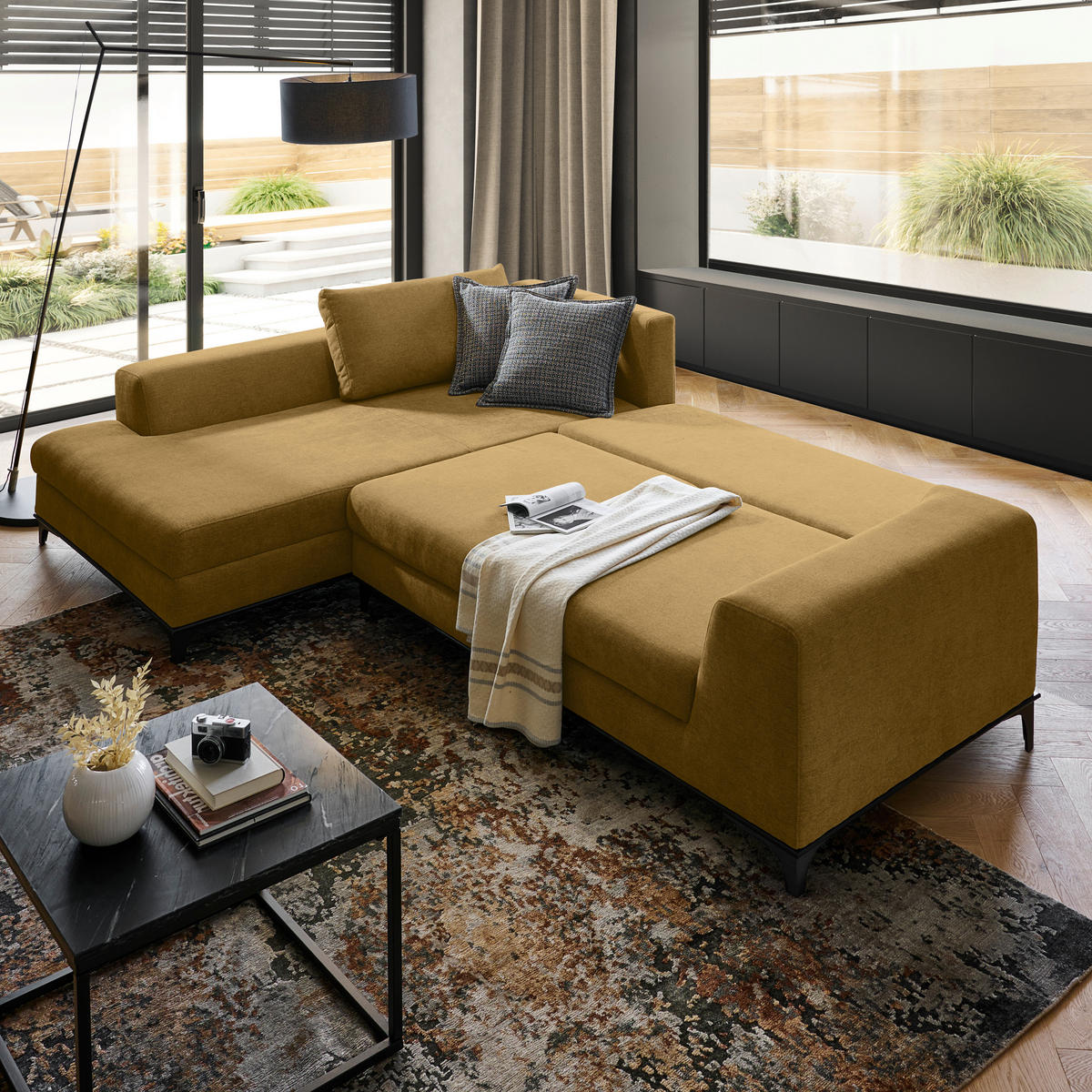 ECKSOFA inkl. Funktionen Senfgelb Webstoff Rückenkissen, Bettkasten, Schlaffunktion, Rücken echt  - Wengefarben/Senfgelb, Design, Holz/Textil (211/314cm) - Stylife