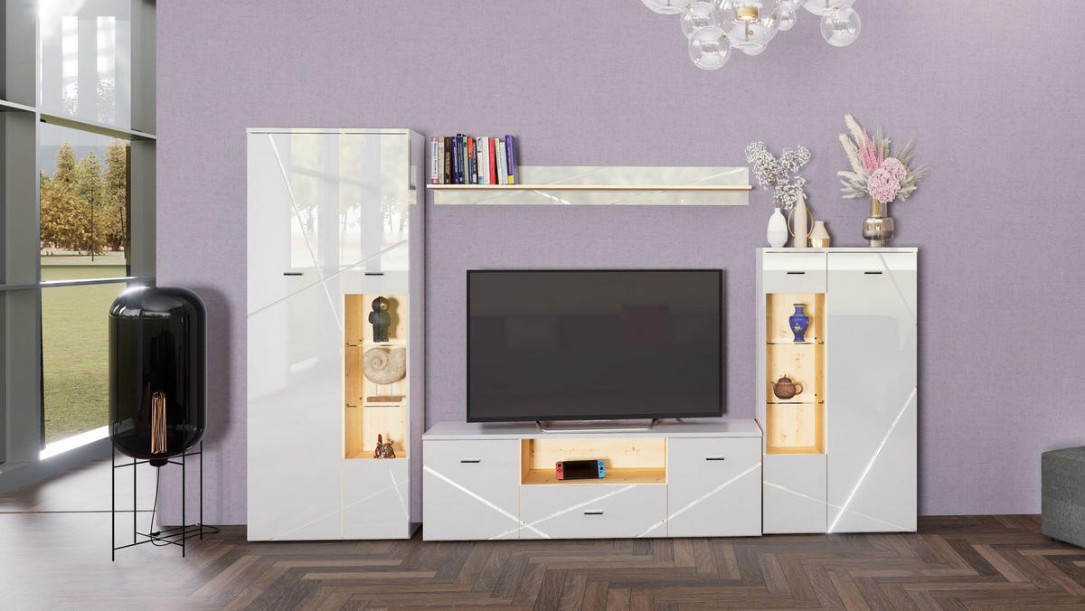 REGAL ZA DNEVNI BORAVAK bijela, boje hrasta   - bijela/srebrne boje, Moderno, staklo/drvni materijal (340/196/40cm) - Hom`in