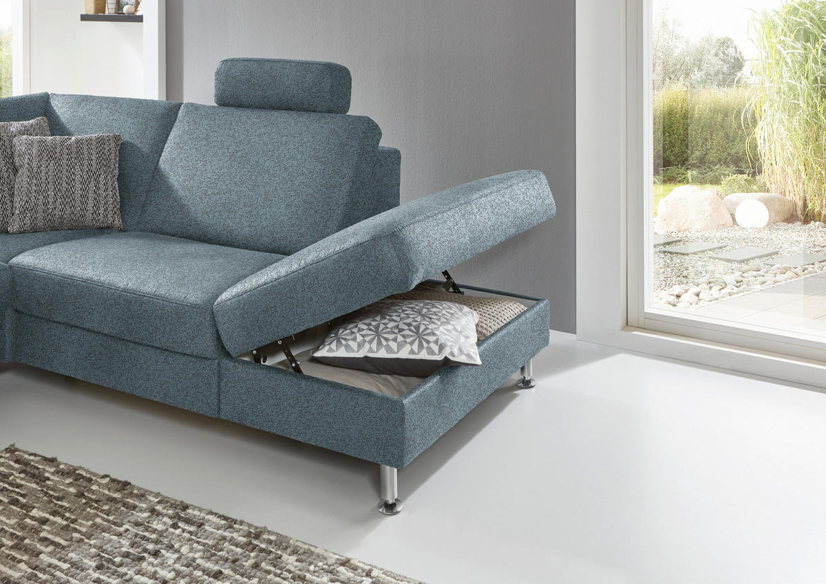 ECKSOFA in Mikrofaser Blau  275/242 cm  - Blau/Alufarben, Design, Textil/Metall (275/242cm) - Dieter Knoll