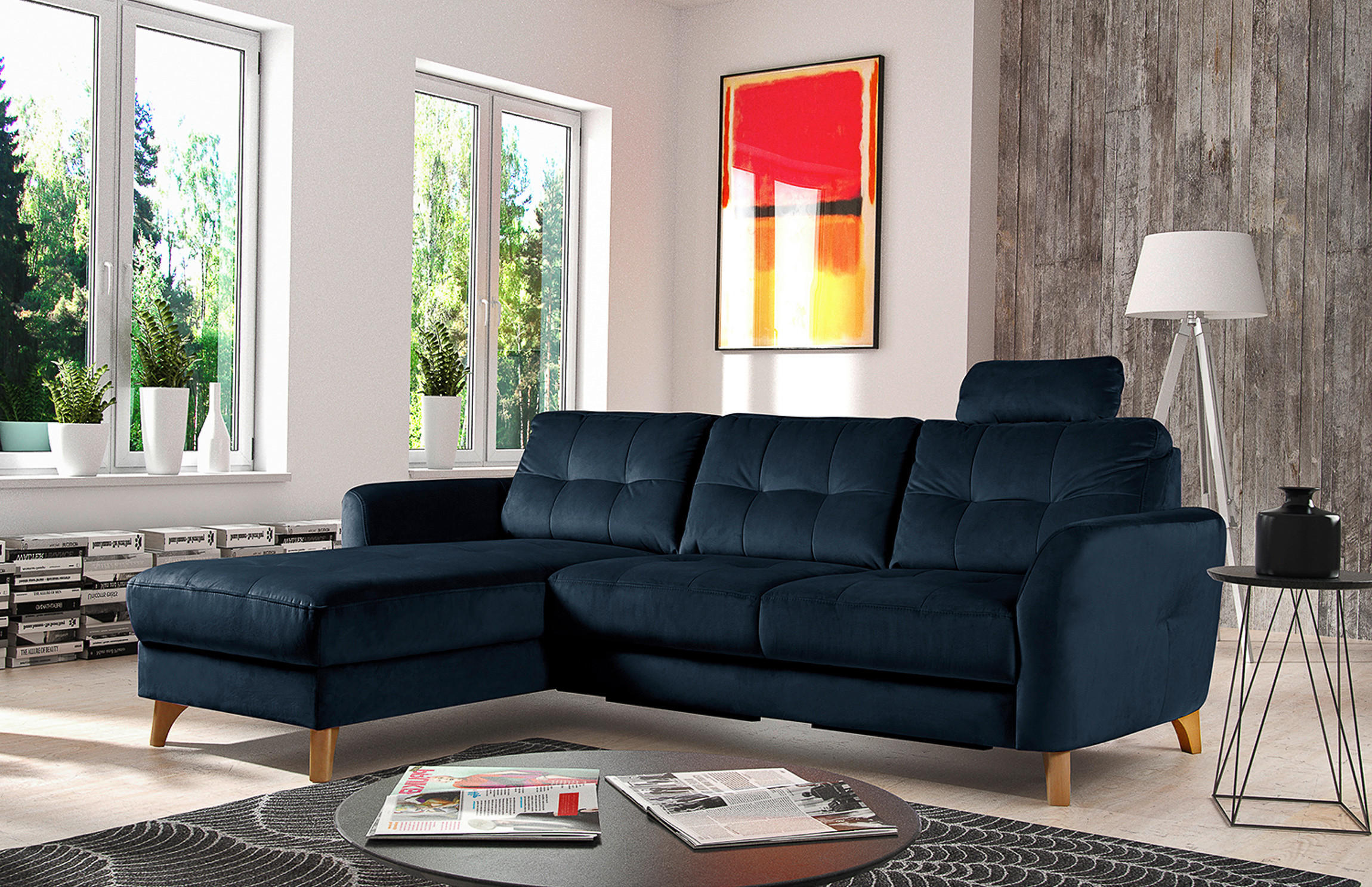 ECKSOFA Dunkelblau Samt  - Buchefarben/Dunkelblau, Design, Holz/Textil (168/238cm) - Livetastic