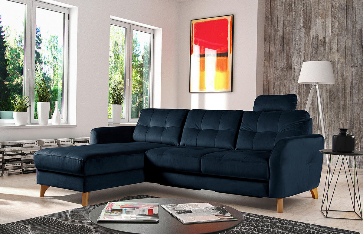 ECKSOFA in Samt Dunkelblau  - Buchefarben/Dunkelblau, Design, Holz/Textil (168/238cm) - Livetastic