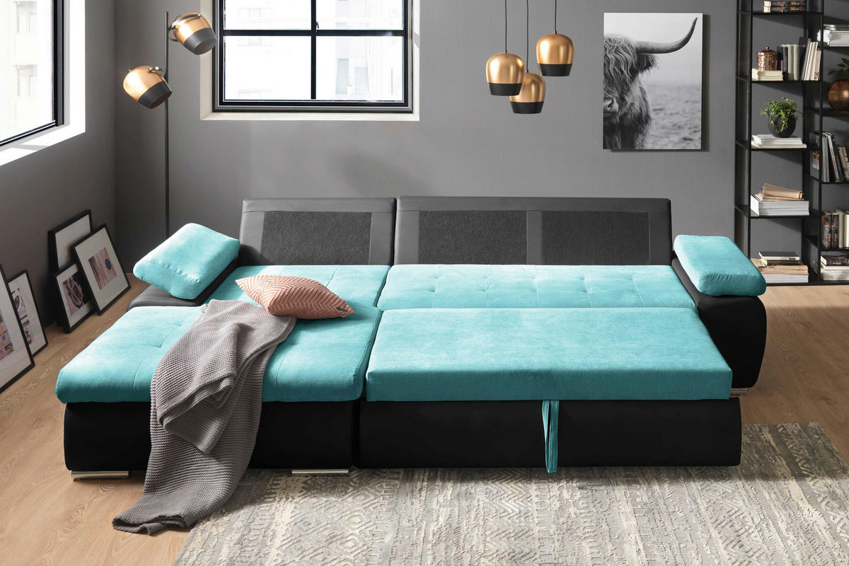 ECKSOFA in Flachgewebe Schwarz, Türkis  - Türkis/Schwarz, Design, Kunststoff/Textil (175/271cm) - MID.YOU