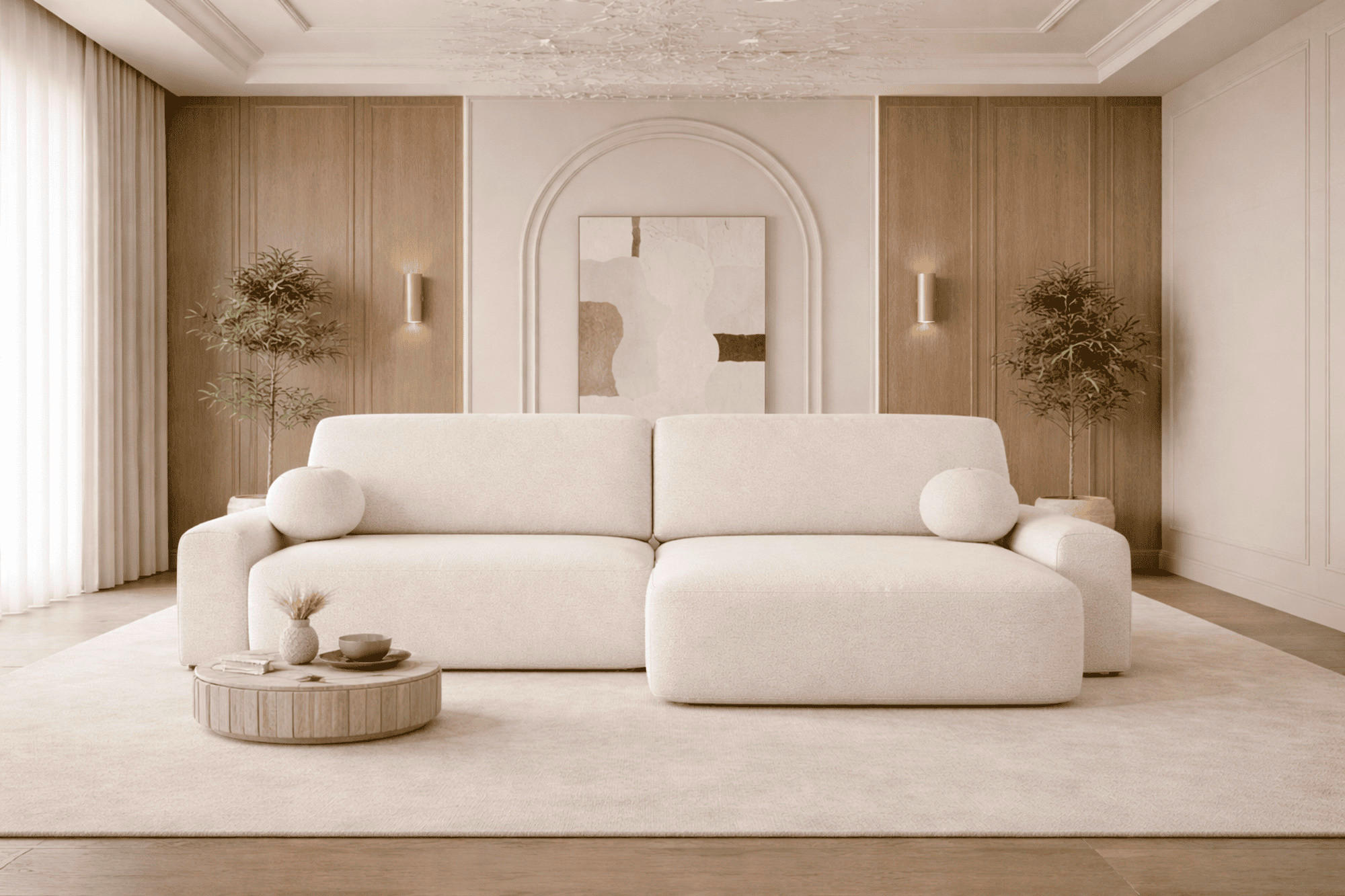ECKSOFA OVAL Elfenbein Bouclé Rückenkissen, Schlaffunktion, Rücken echt, Stauraum  - Elfenbein/Schwarz, Design, Kunststoff/Textil (268/110cm) - MID.YOU