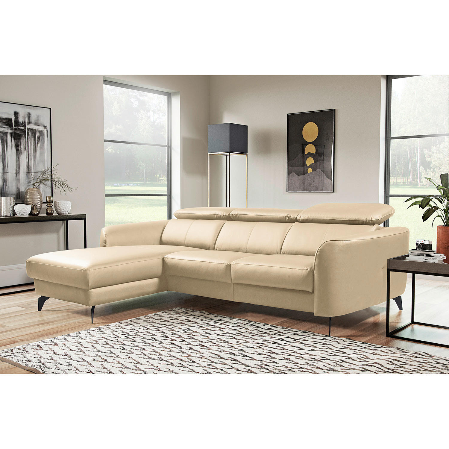 ECKSOFA Beige Echtleder Lederlook  - Beige/Schwarz, Design, Leder/Textil (183/261cm) - Livetastic