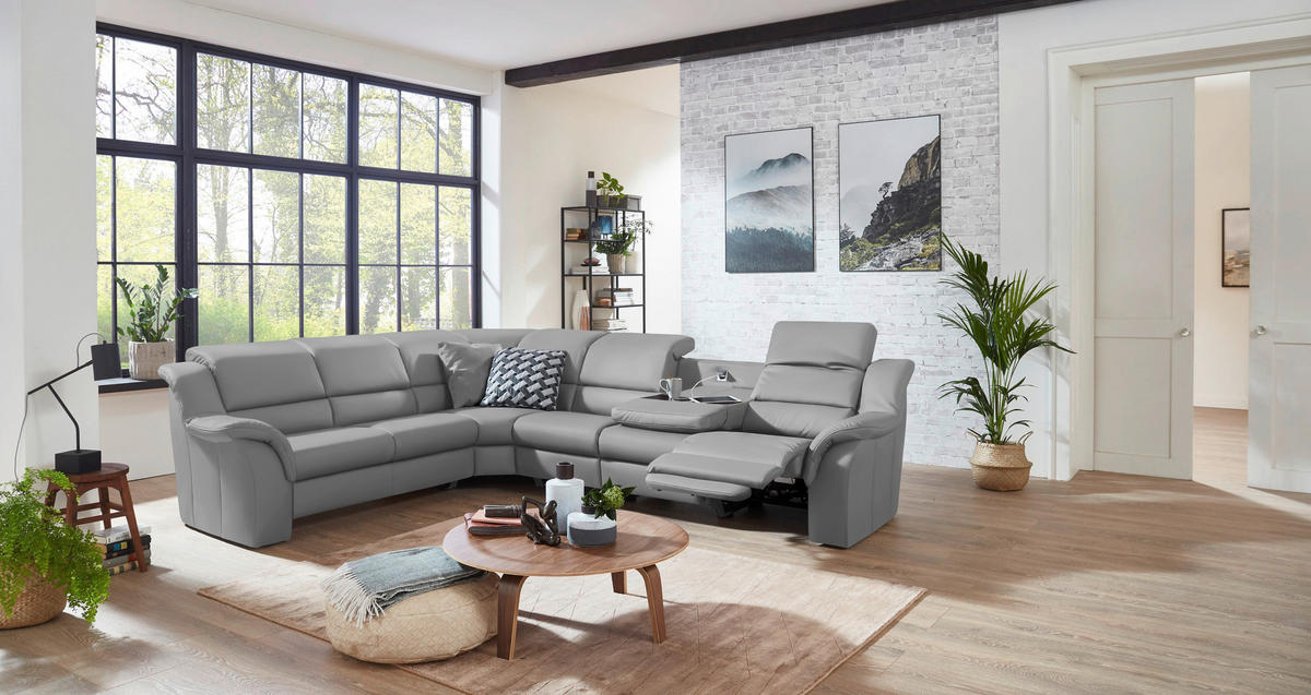 ECKSOFA  in Echtleder Hellgrau  260/324 cm  - Hellgrau/Schwarz, KONVENTIONELL, Leder/Kunststoff (260/324cm) - Cantus