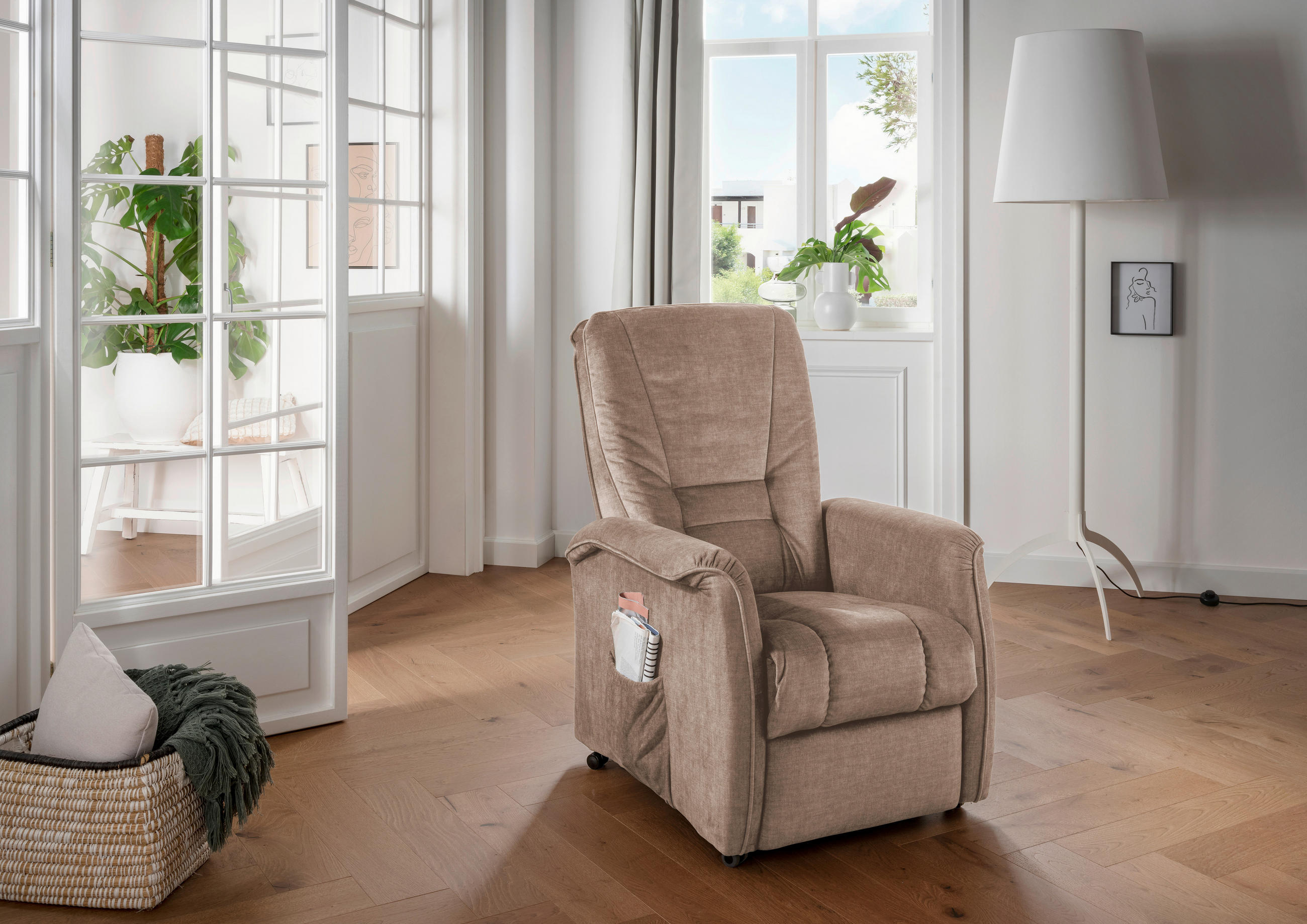 FERNSEHSESSEL  mit Relaxfunktion, Fußteilverstellung, Rücken echt Velours Hellbraun  - Hellbraun/Schwarz, Design, Kunststoff/Textil (77/107/88cm) - Livetastic