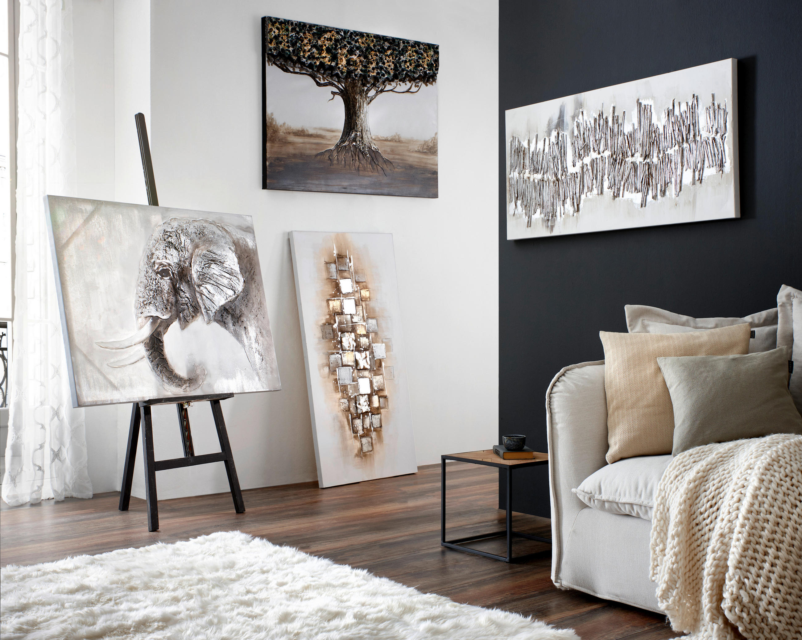 Thumbnail - Monee Ölgemälde, Silber, Holz, Textil, Tanne, massiv, rechteckig, 120x60 cm, handgemalt, 3D-Effekt, Bilder und Zubehör, ...