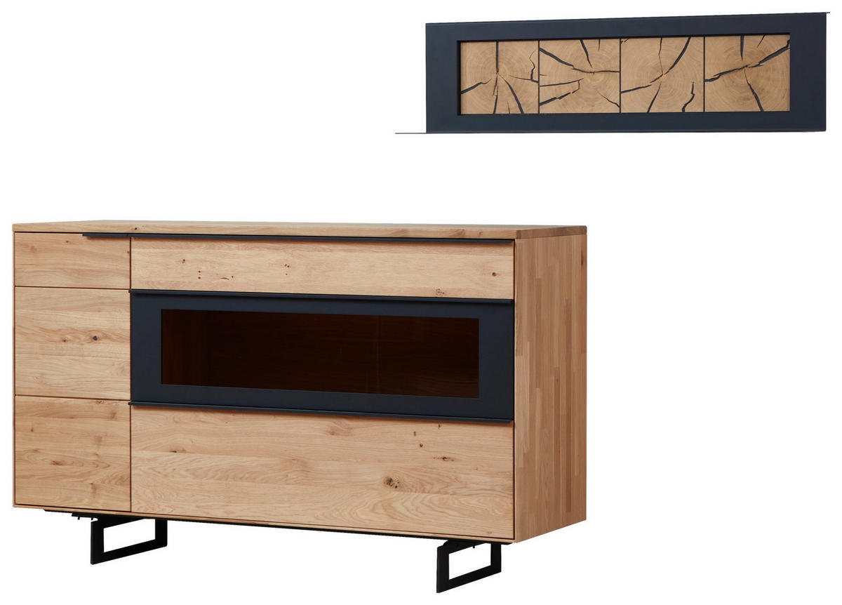 SIDEBOARD Schwarz, Eichefarben  161,9/99,9/45,2 cm  - Eichefarben/Schwarz, Design, Glas/Holz (161,9/99,9/45,2cm) - Valdera