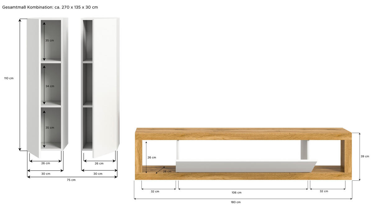 OBÝVACÍ STĚNA, dub wotan - černá/dub wotan, Design, kompozitní dřevo (270/135/30cm) - MID.YOU