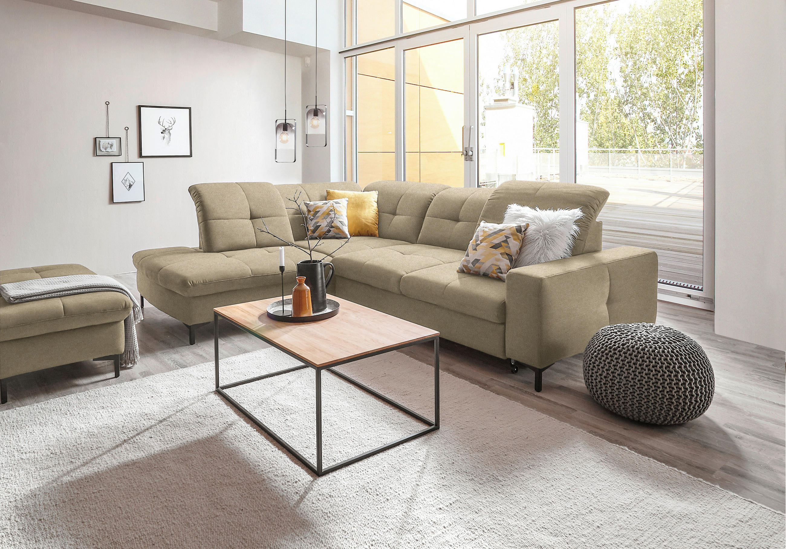 ECKSOFA in Chenille Beige  - Beige/Schwarz, Design, Textil/Metall (240/308cm) - Xora