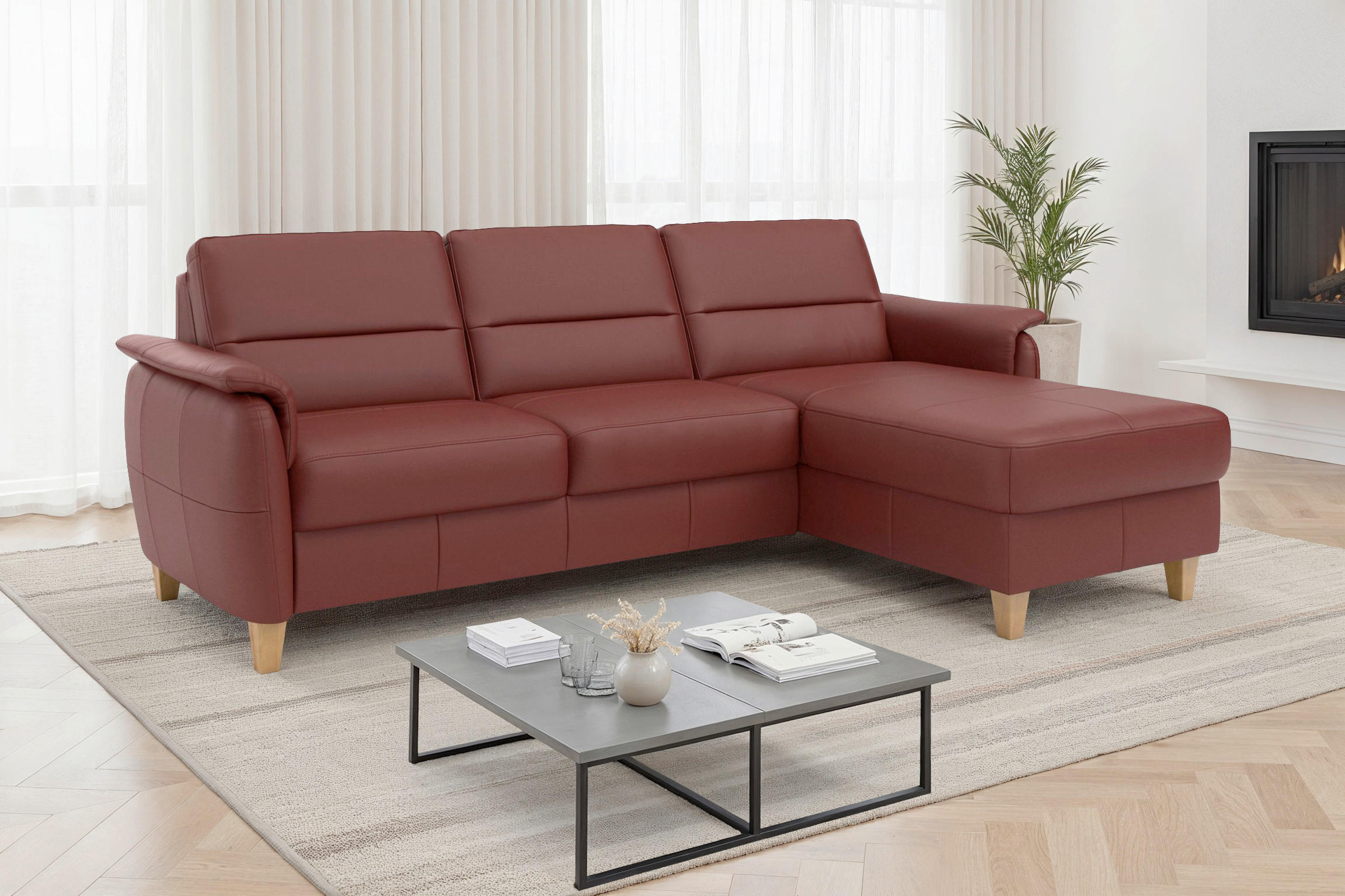 ECKSOFA PALMERA E in Echtleder Rotbraun  244/163 cm  - Rotbraun/Eichefarben, Basics, Leder/Holz (244/163cm) - Sit & More