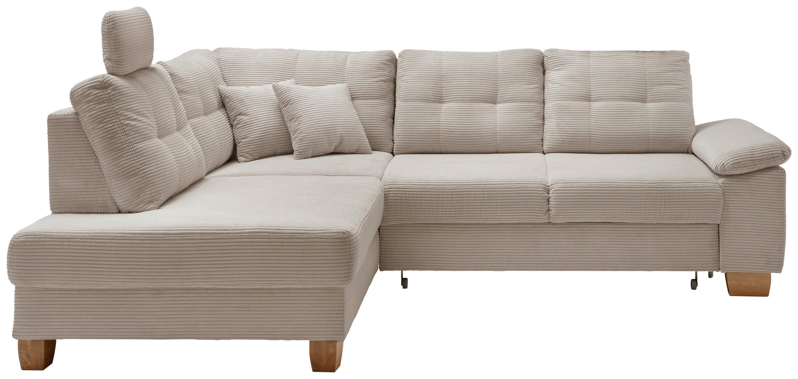 ECKSOFA Beige Cord Bettkasten, Schlaffunktion, Sitztiefenverstellung, Kopfstütze, Liegefläche im Originalstoff  - Beige/Naturfarben, MODERN, Holz/Textil (206/274cm) - Livetastic