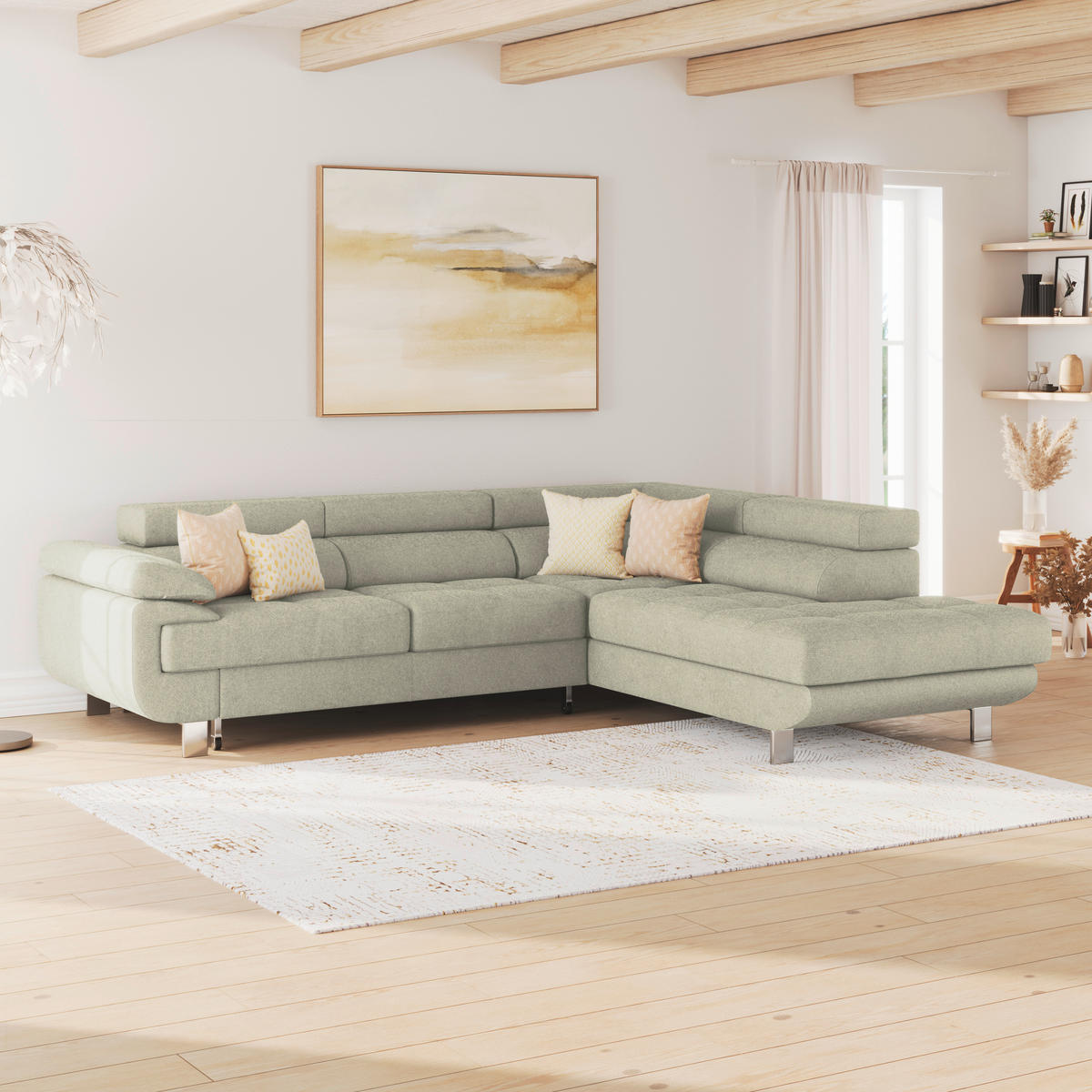 ECKSOFA in Drell Sandfarben  - Sandfarben, Modern, Textil/Metall (270/230cm) - MID.YOU