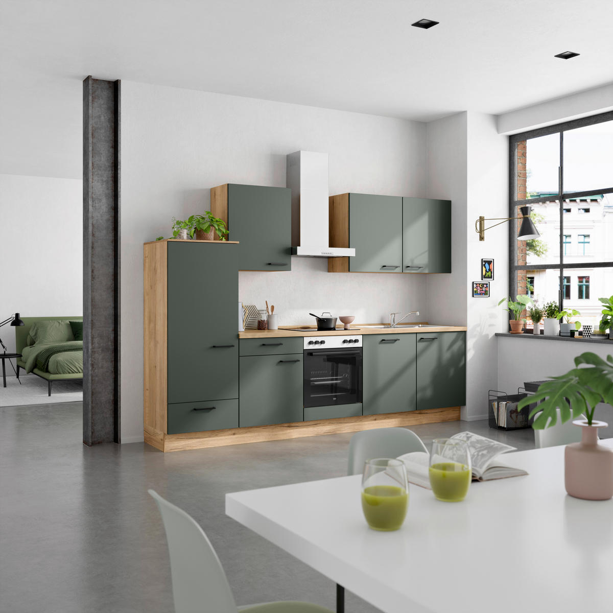 KÜCHENBLOCK Easytouch 300 cm  in Eichefarben, Dunkelgrün  - Dunkelgrün/Eichefarben, MODERN, Holzwerkstoff/Metall (300cm) - Nobilia