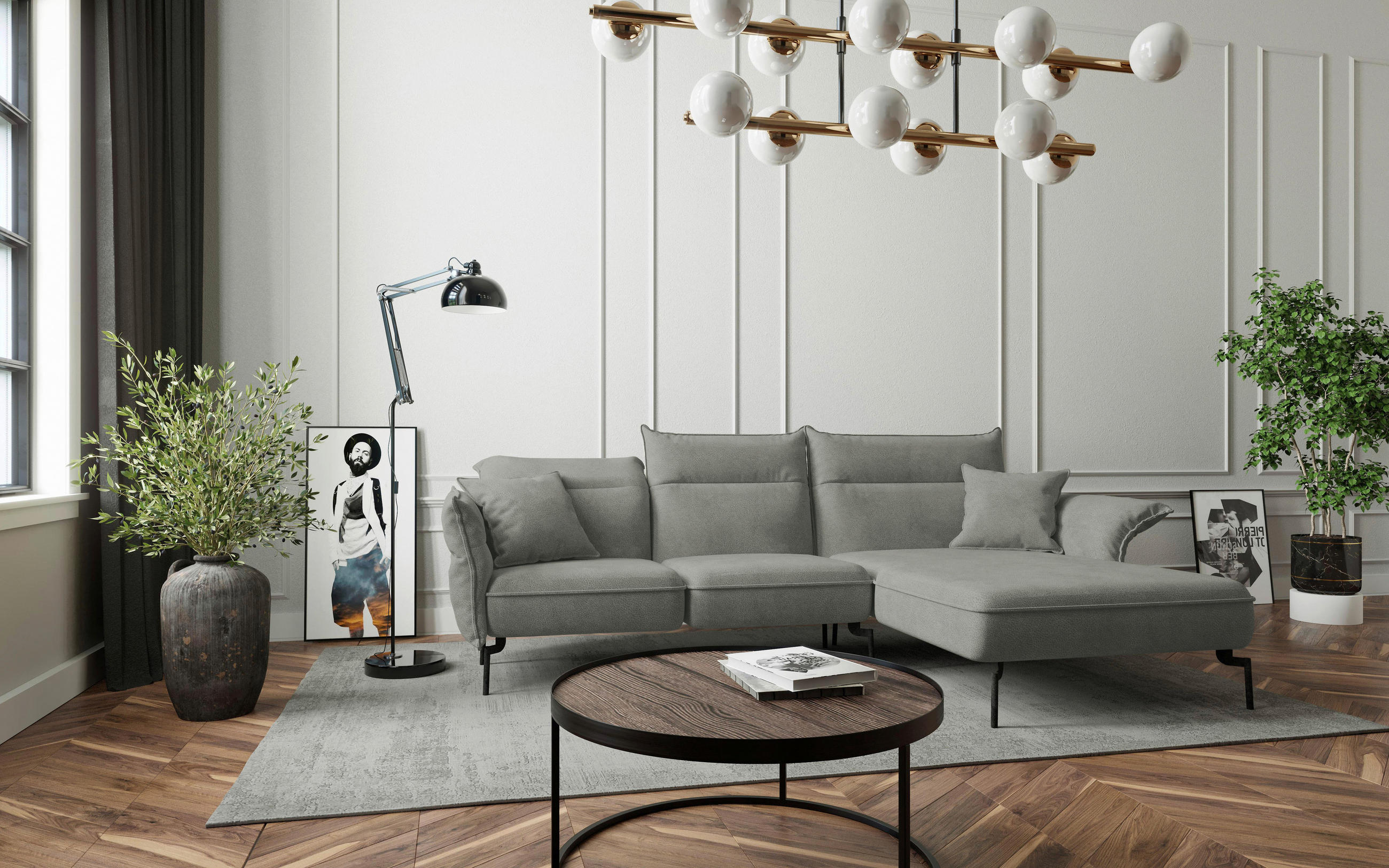 ECKSOFA Grau Flachgewebe  - Edelstahlfarben/Grau, Design, Textil/Metall (265/185cm) - Livetastic