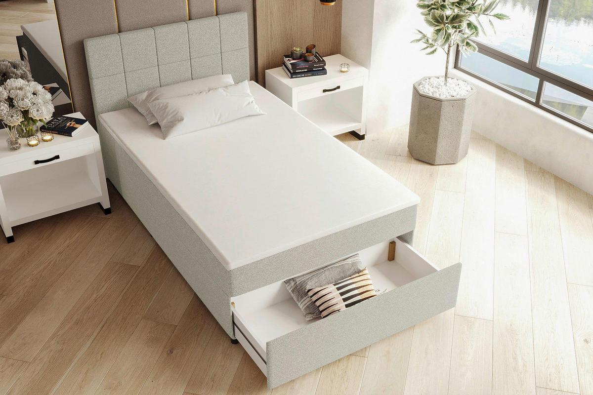 BOXBETT 120/200 cm,  in Hellgrau, Matratze, Topper, Bettschublade, H3 = fest  - Hellgrau/Schwarz, KONVENTIONELL, Kunststoff/Textil (120/200cm) - Boxxx