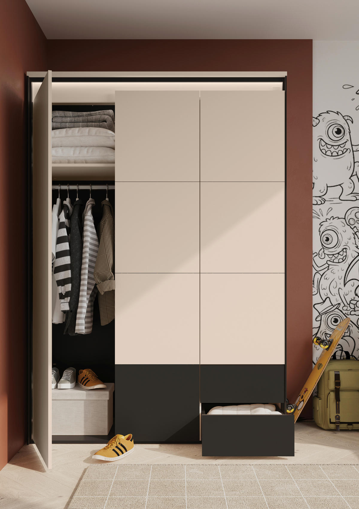 DREHTÜRENSCHRANK 3-türig Schwarz, Beige  - Beige/Schwarz, Design, Holzwerkstoff (140/200/55cm) - Voleo