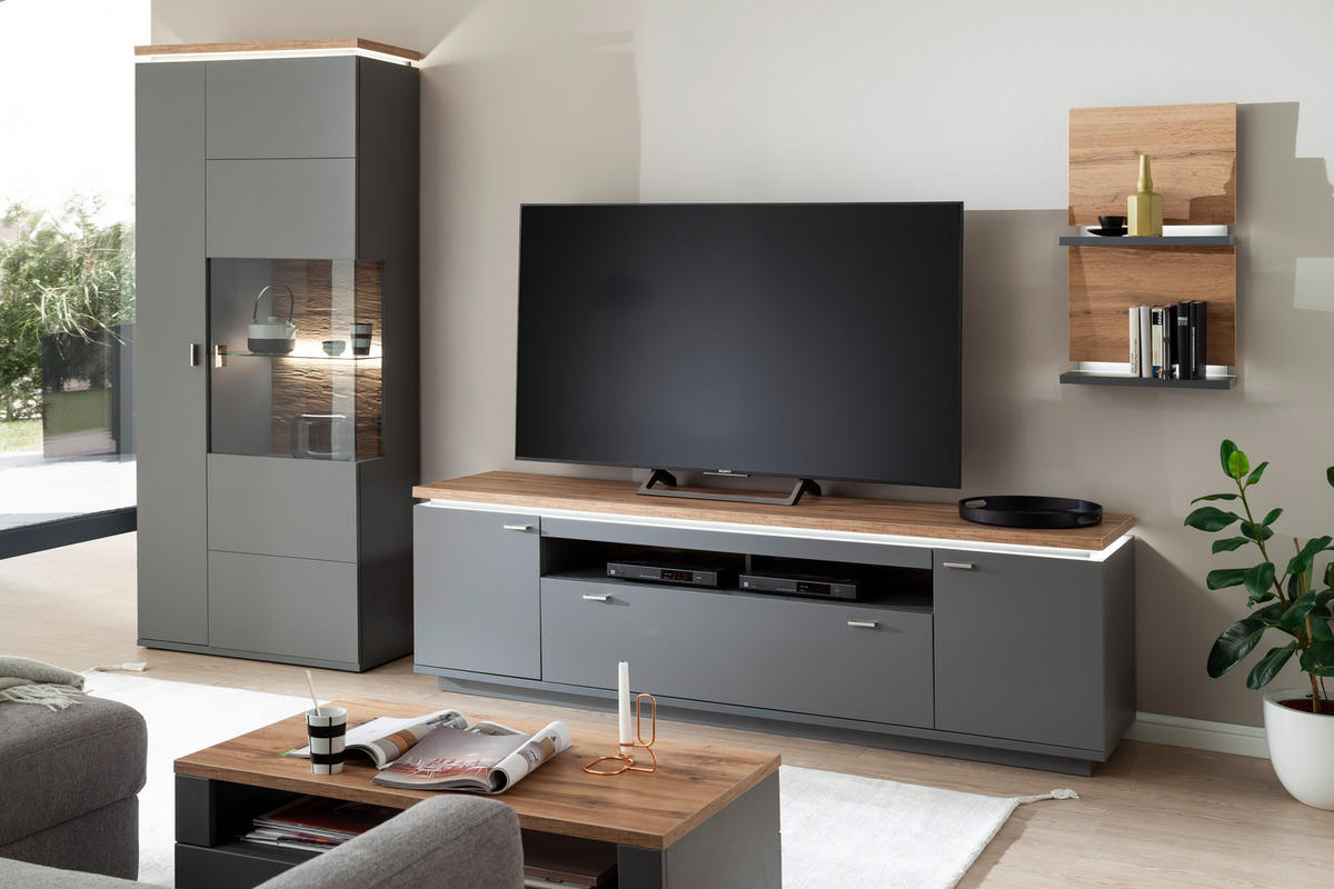 WOHNWAND  in Grau, Eiche Wotan 335/208/50 cm  - Eiche Wotan/Grau, Design, Glas/Holzwerkstoff (335/208/50cm) - Stylife