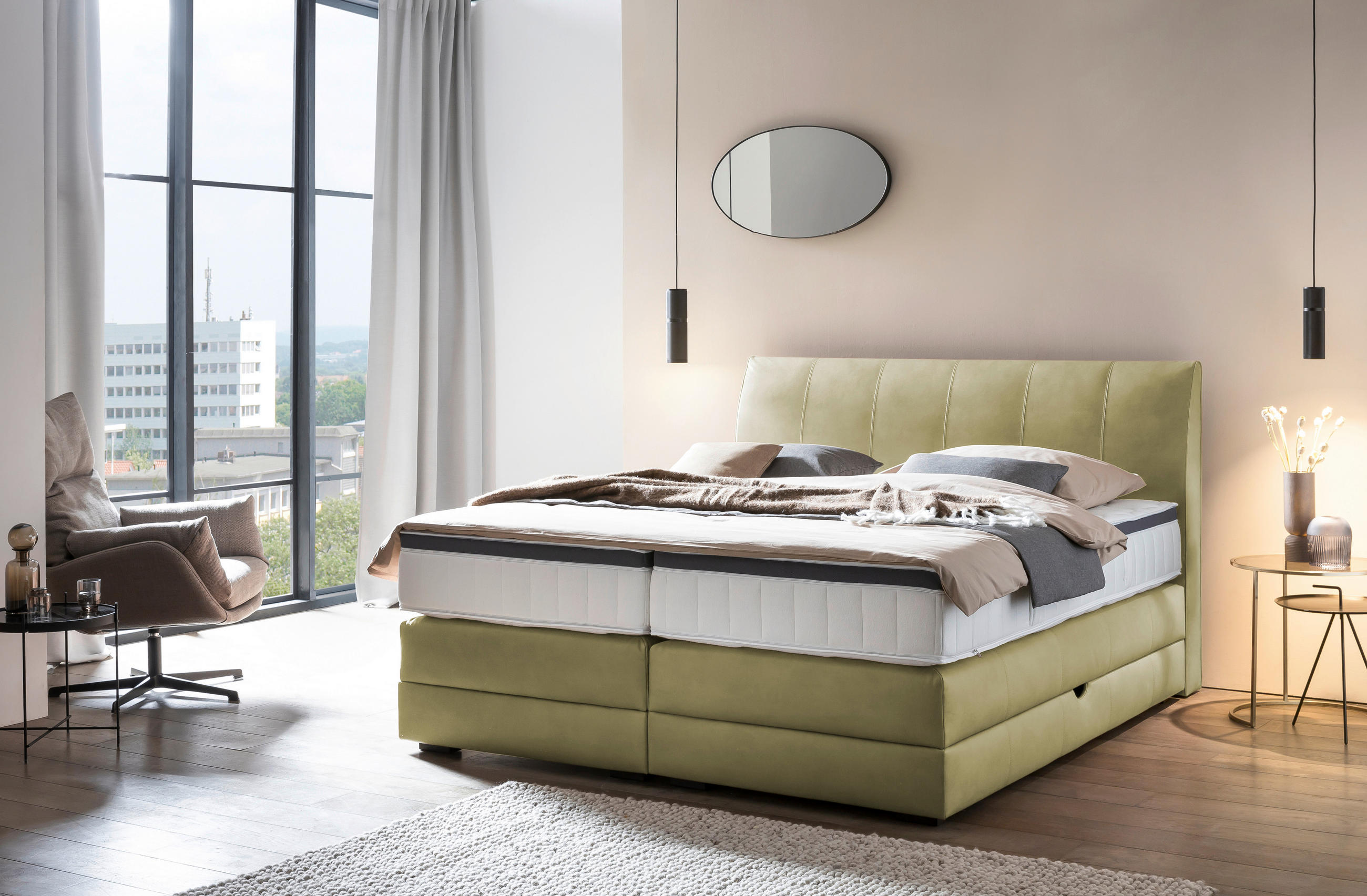 BOXSPRINGBETT 200/200 cm  in Olivgrün  - Wengefarben/Olivgrün, Konventionell, Holz/Textil (200/200cm) - Novel