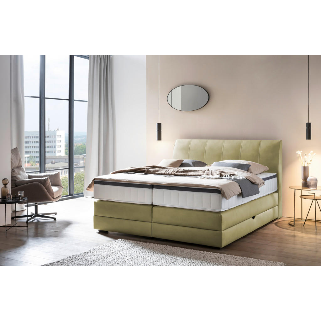 Thumbnail - Novel Boxspringbett, Olivgrün, Textil, Wenge, H2 + H4, 7-Zonen, Höhe ca. 27 cm, 200x200 cm, Bettkasten, Federkernmatratz...