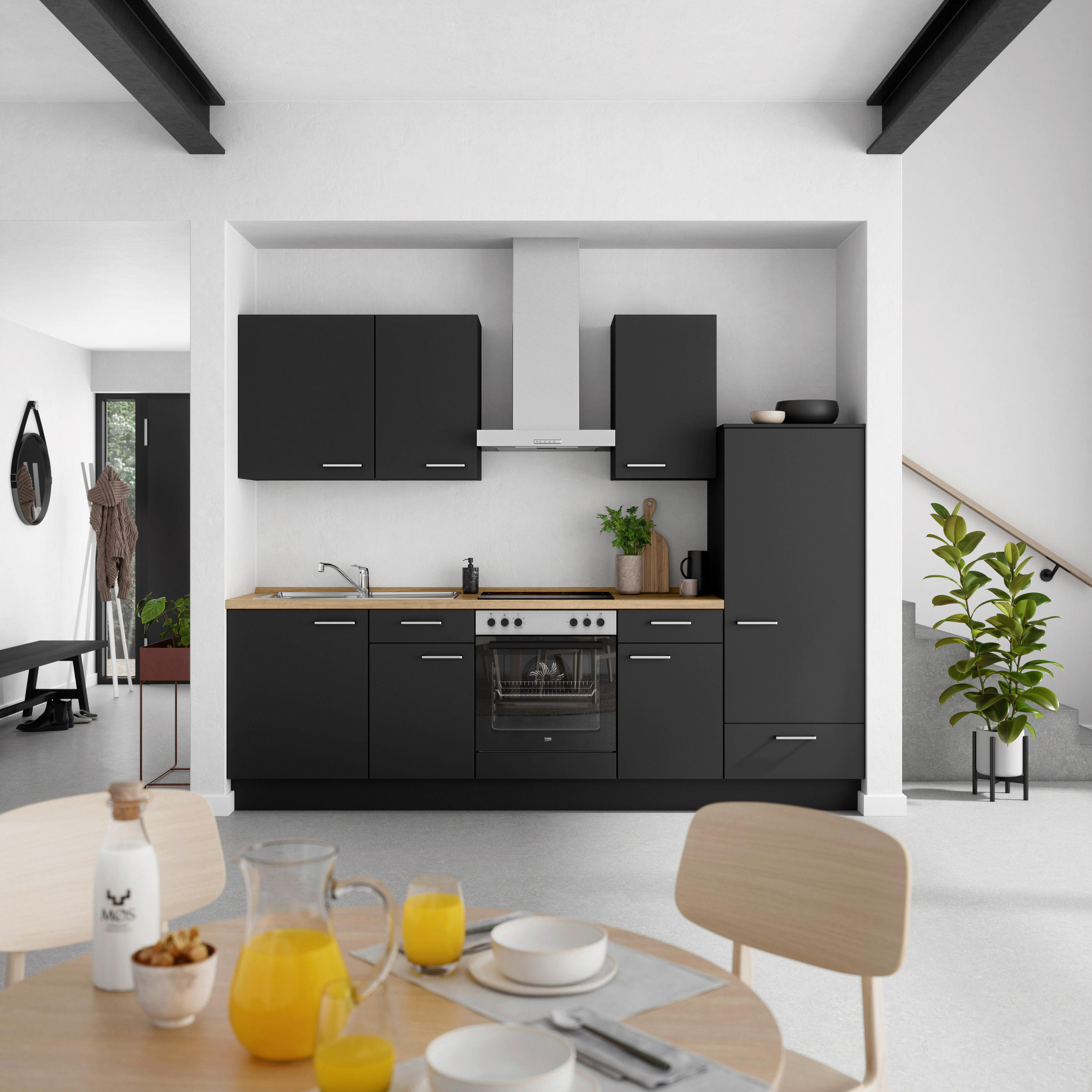 KÜCHENLEERBLOCK 270 cm   in Schwarz, Eichefarben  - Edelstahlfarben/Eichefarben, MODERN, Holzwerkstoff/Metall (270cm) - Nobilia