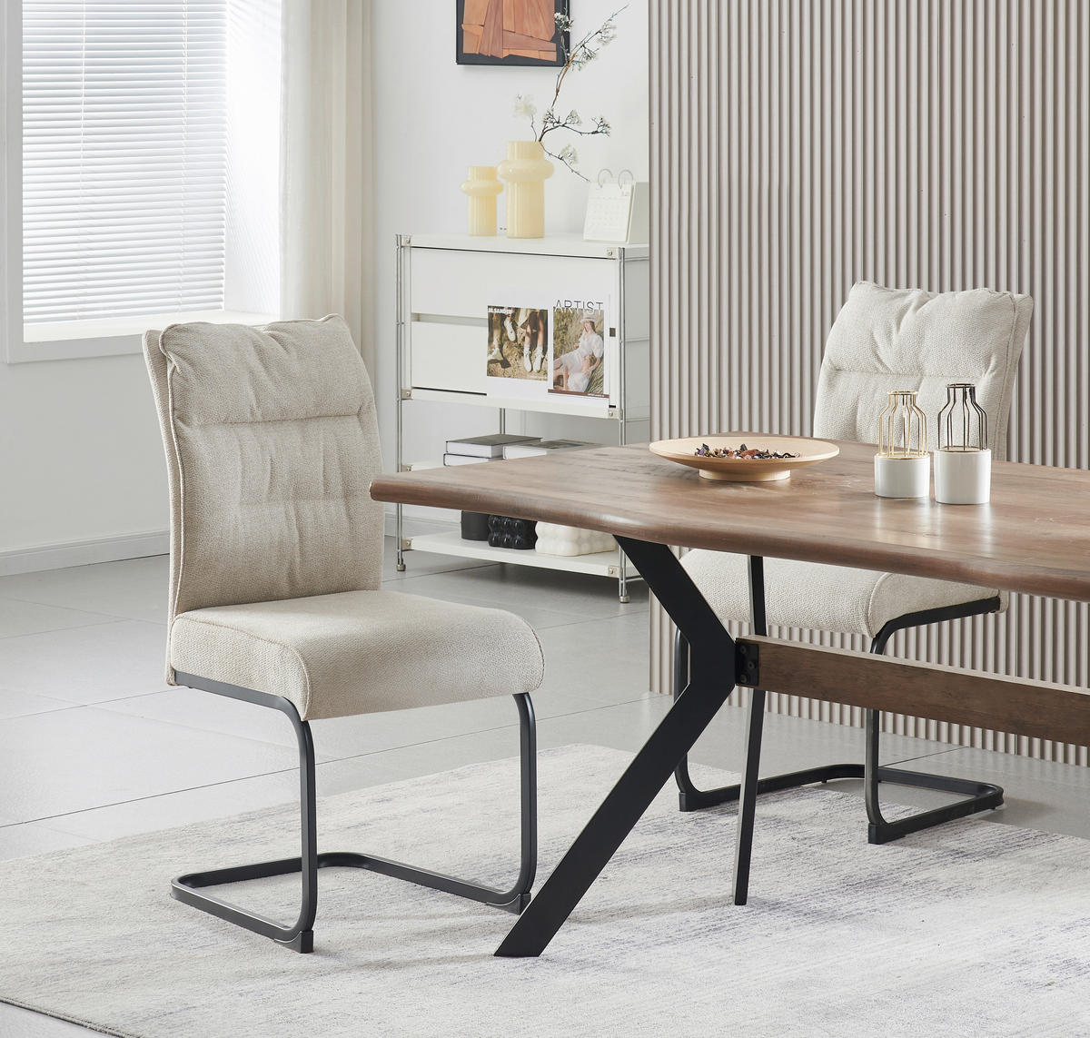 SCHWINGSTUHL-SET 2 Stück  in Webstoff  - Creme/Schwarz, MODERN, Textil/Metall (47/94/61cm) - MID.YOU