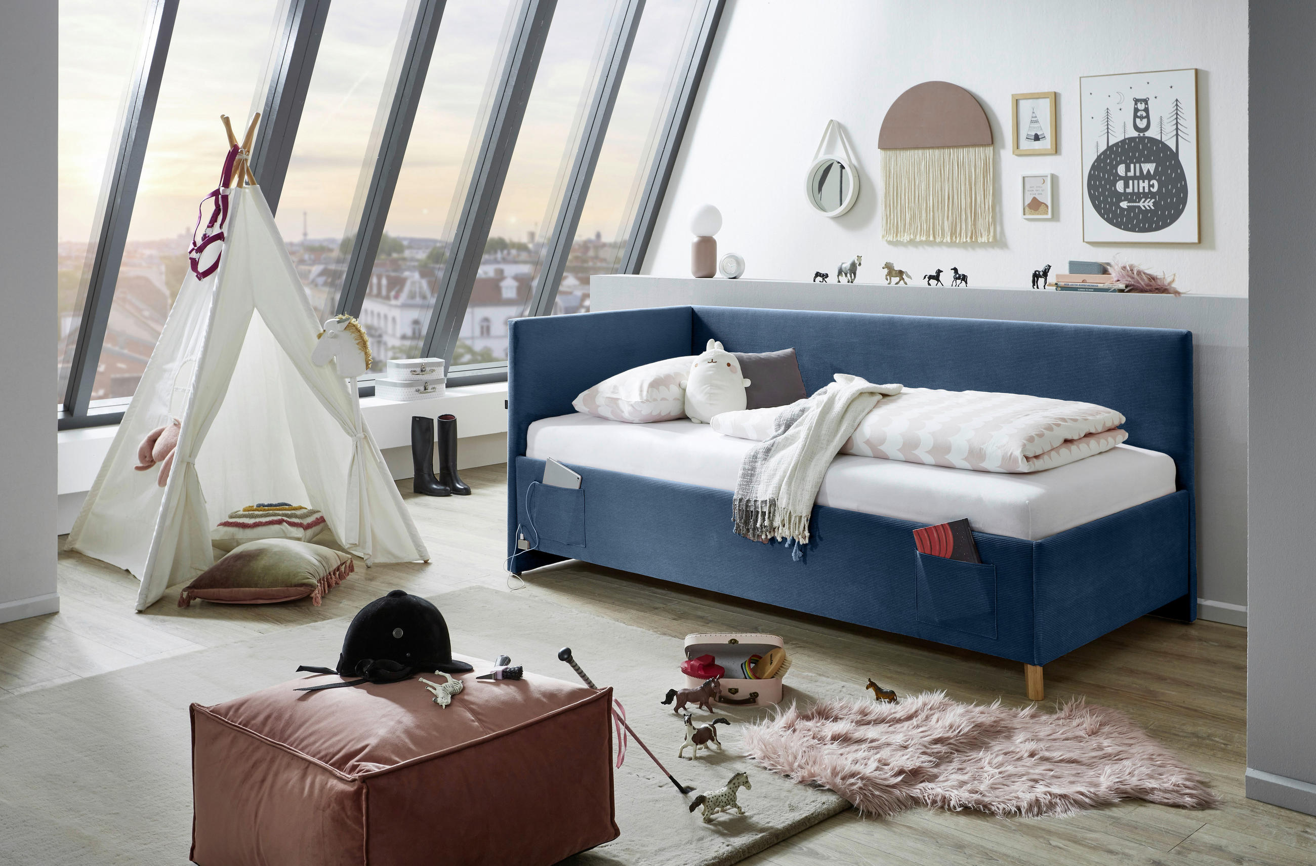 POLSTERLIEGE Cord Blau  - Blau/Eichefarben, KONVENTIONELL, Holz/Textil (120/200cm) - Stylife