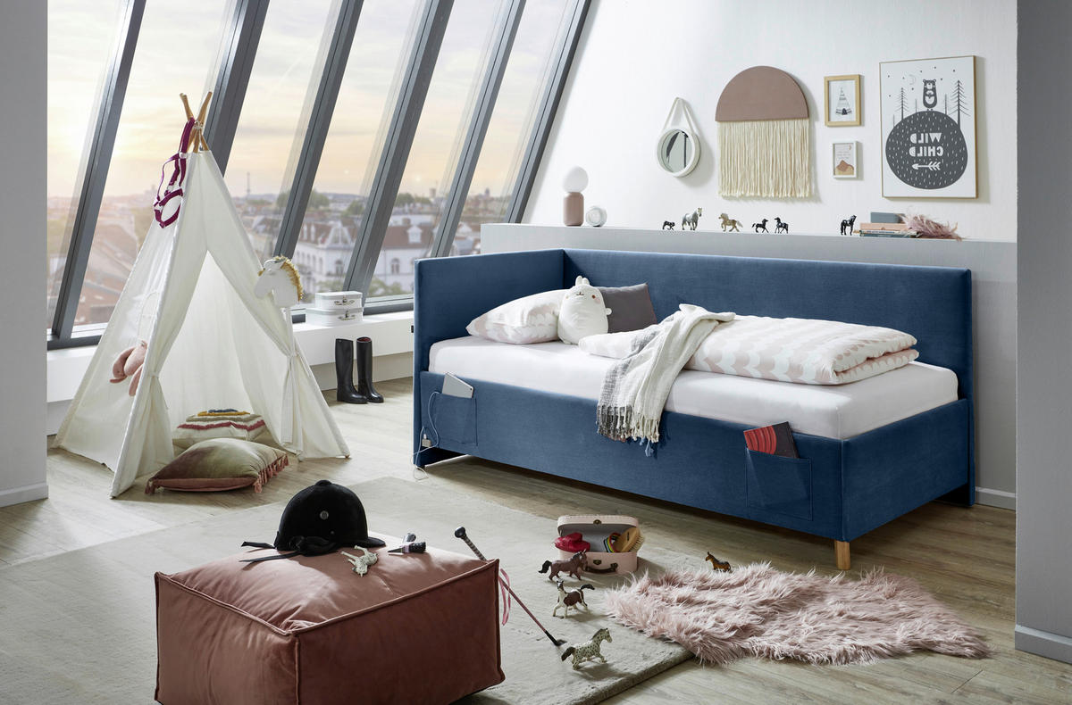 POLSTERLIEGE in Cord Blau  - Blau/Eichefarben, Konventionell, Holz/Textil (90/200cm) - Stylife