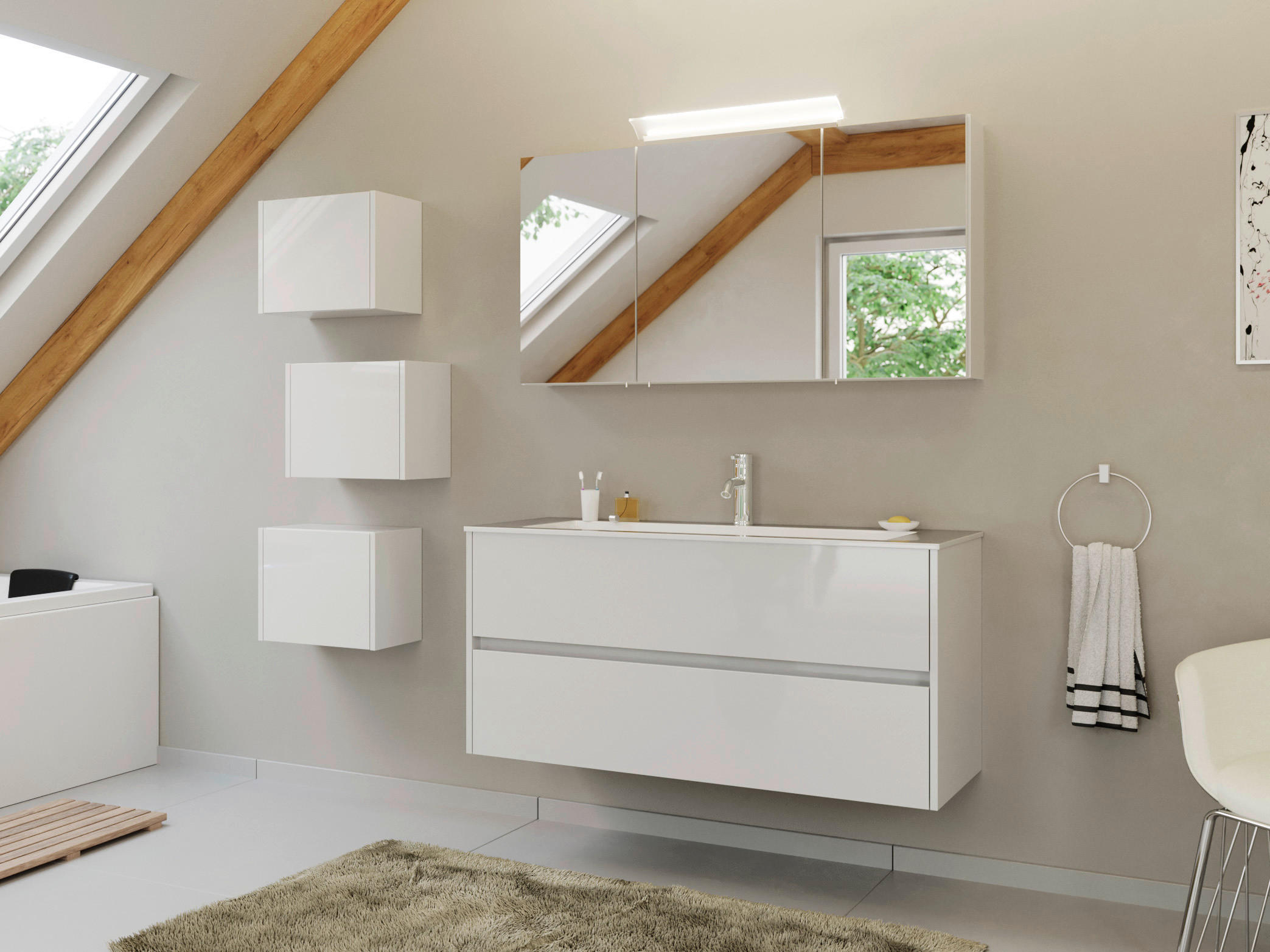 Baie 5 piese, 120 cm - alb/alb lucios intens, Basics, piatră/material pe bază de lemn (120cm) - MID.YOU