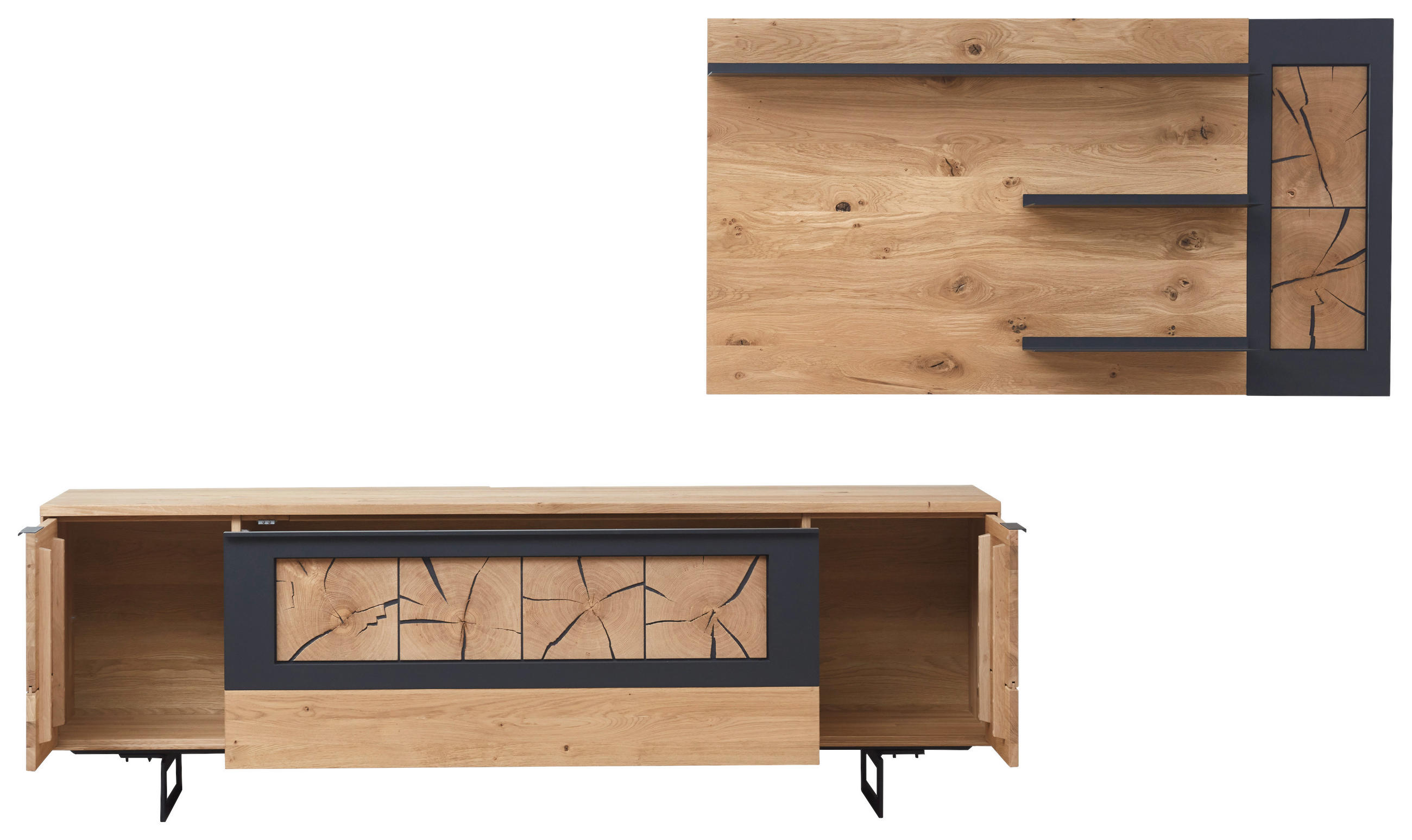 WOHNWAND  in Schwarz, Eichefarben  253,5/169,8/45,2 cm  - Eichefarben/Schwarz, Design, Holz/Metall (253,5/169,8/45,2cm) - Valdera